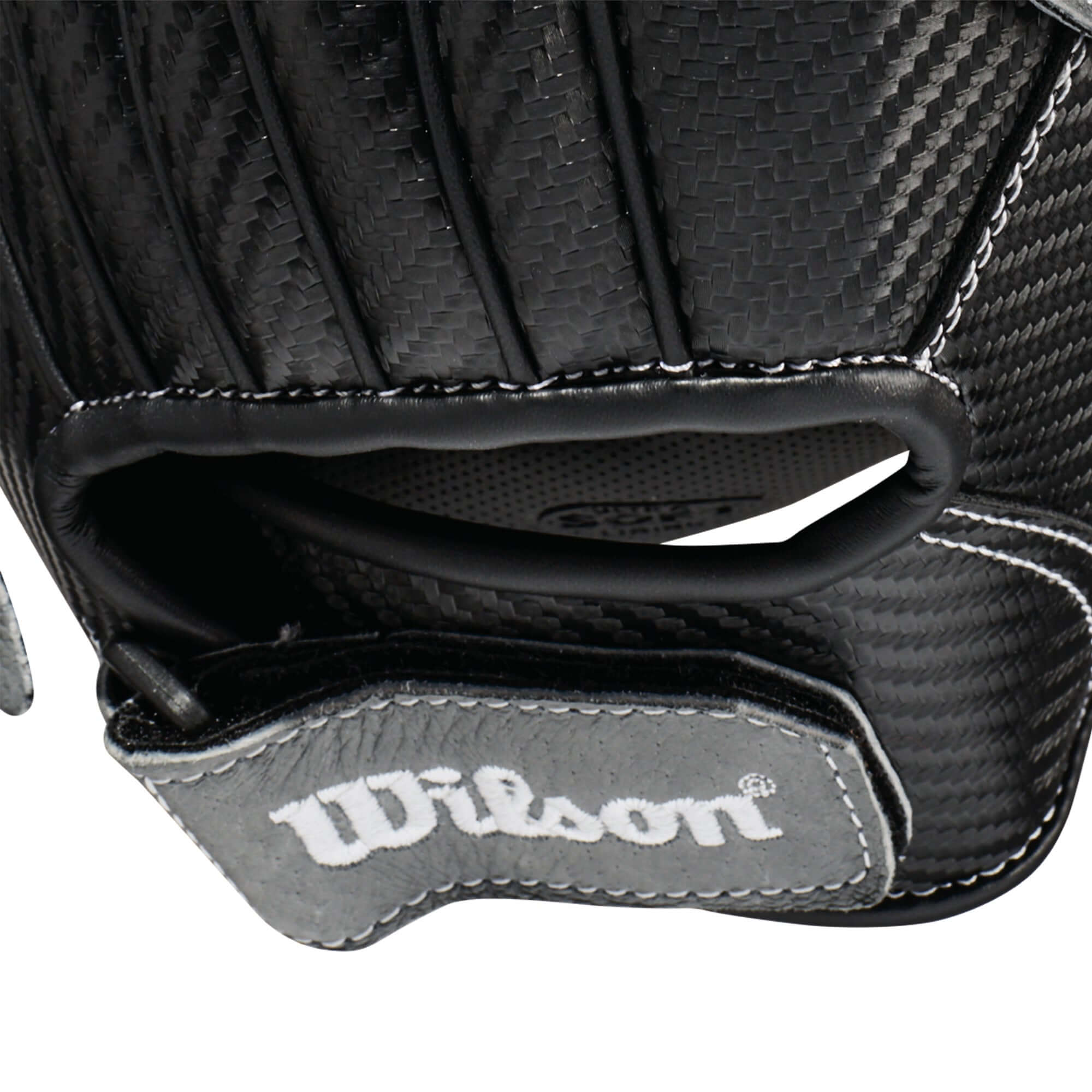 Wilson A360 Slowpitch 15-inch glove in black, graphite, and white, featuring CarbonLite Shell and Dual Post Double Bar Web.