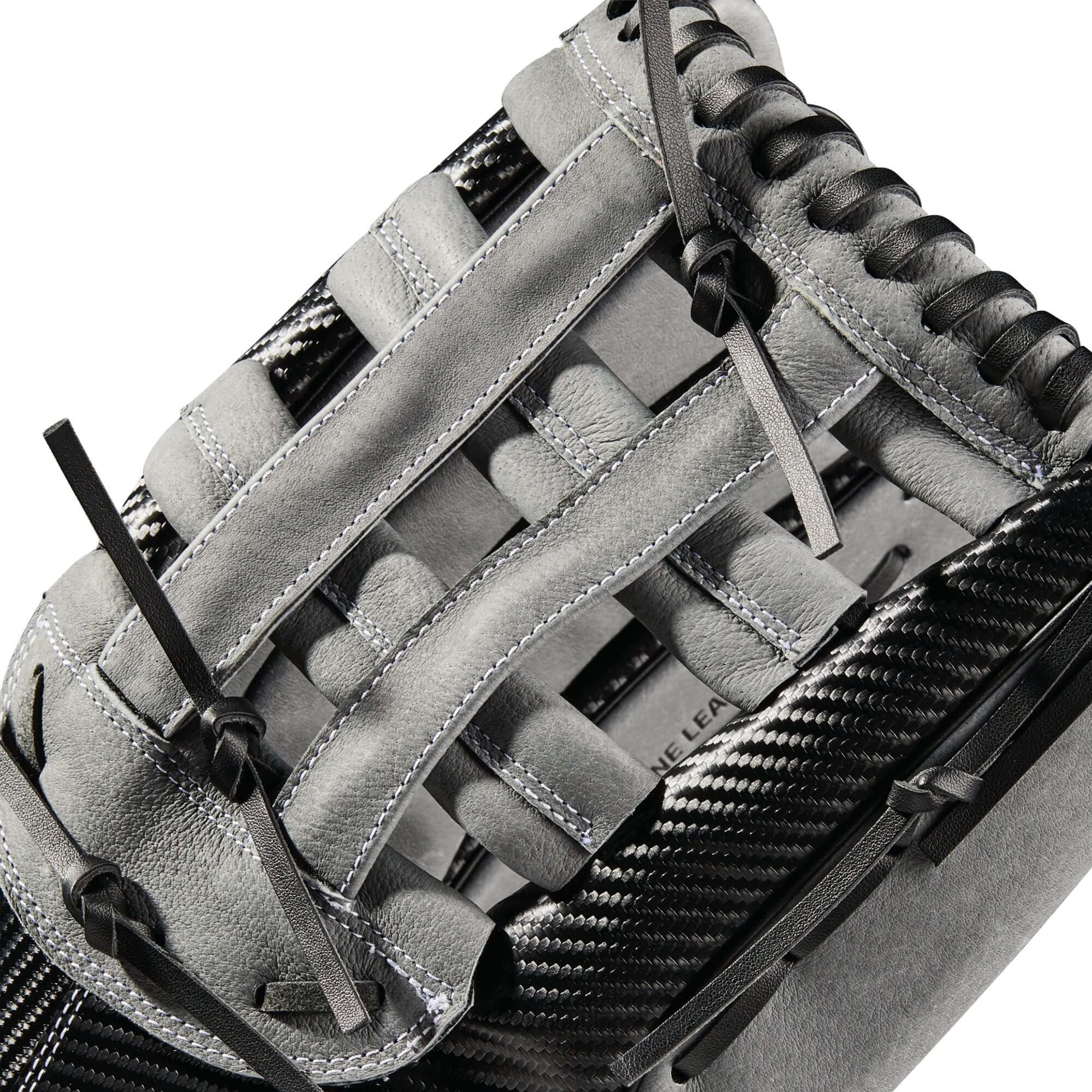 Wilson A360 Slowpitch 15-inch glove in black, graphite, and white, featuring CarbonLite Shell and Dual Post Double Bar Web.