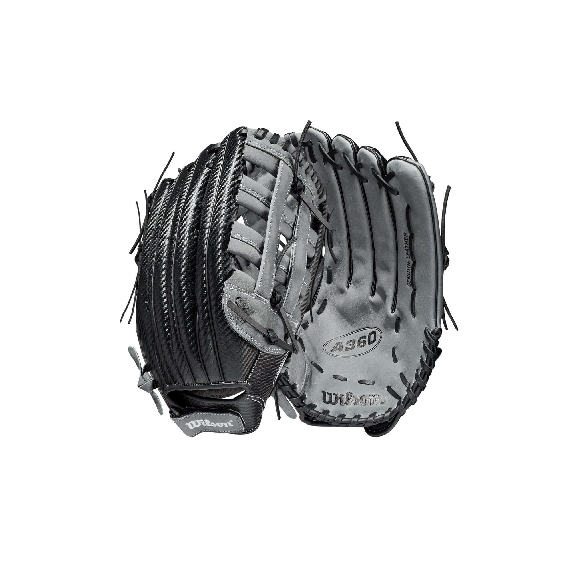 Wilson A360 Slowpitch 15-inch glove in black, graphite, and white, featuring CarbonLite Shell and Dual Post Double Bar Web.