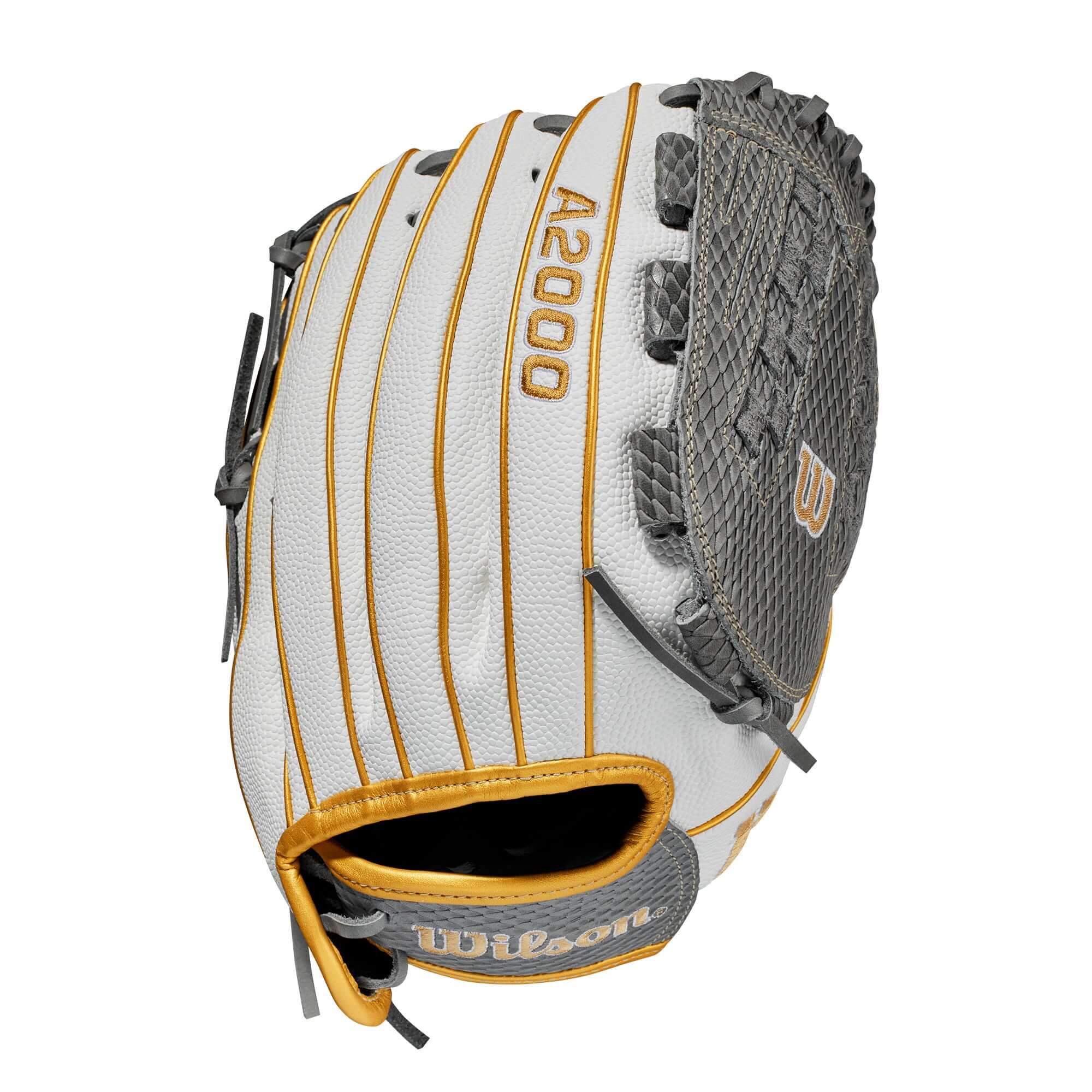 Wilson A2000FP V125SS 21 Grey/White 12.5 baseball glove with Victory Web design for versatile fielding and pitching.
