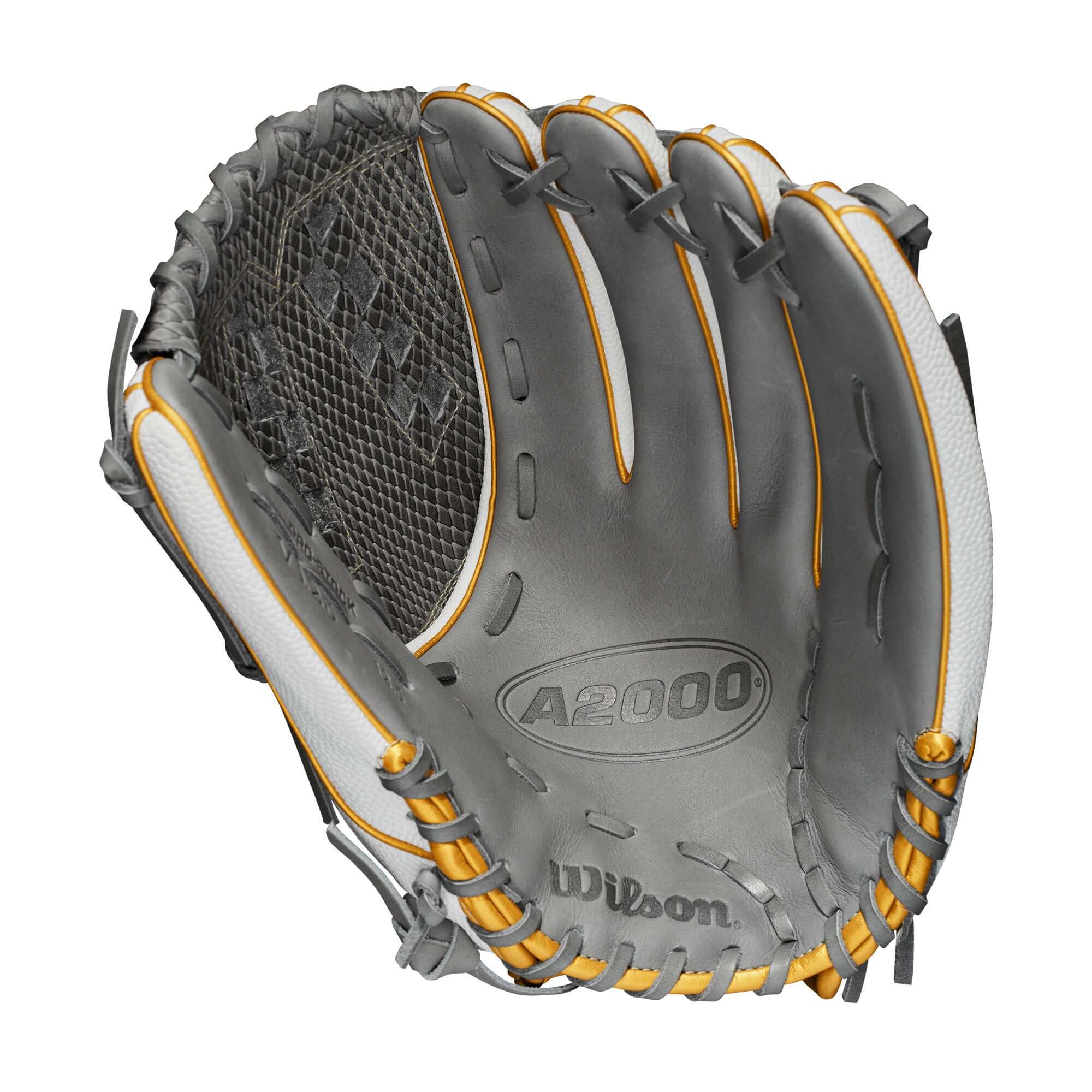 Wilson A2000FP V125SS 21 Grey/White 12.5 baseball glove with Victory Web design for versatile fielding and pitching.