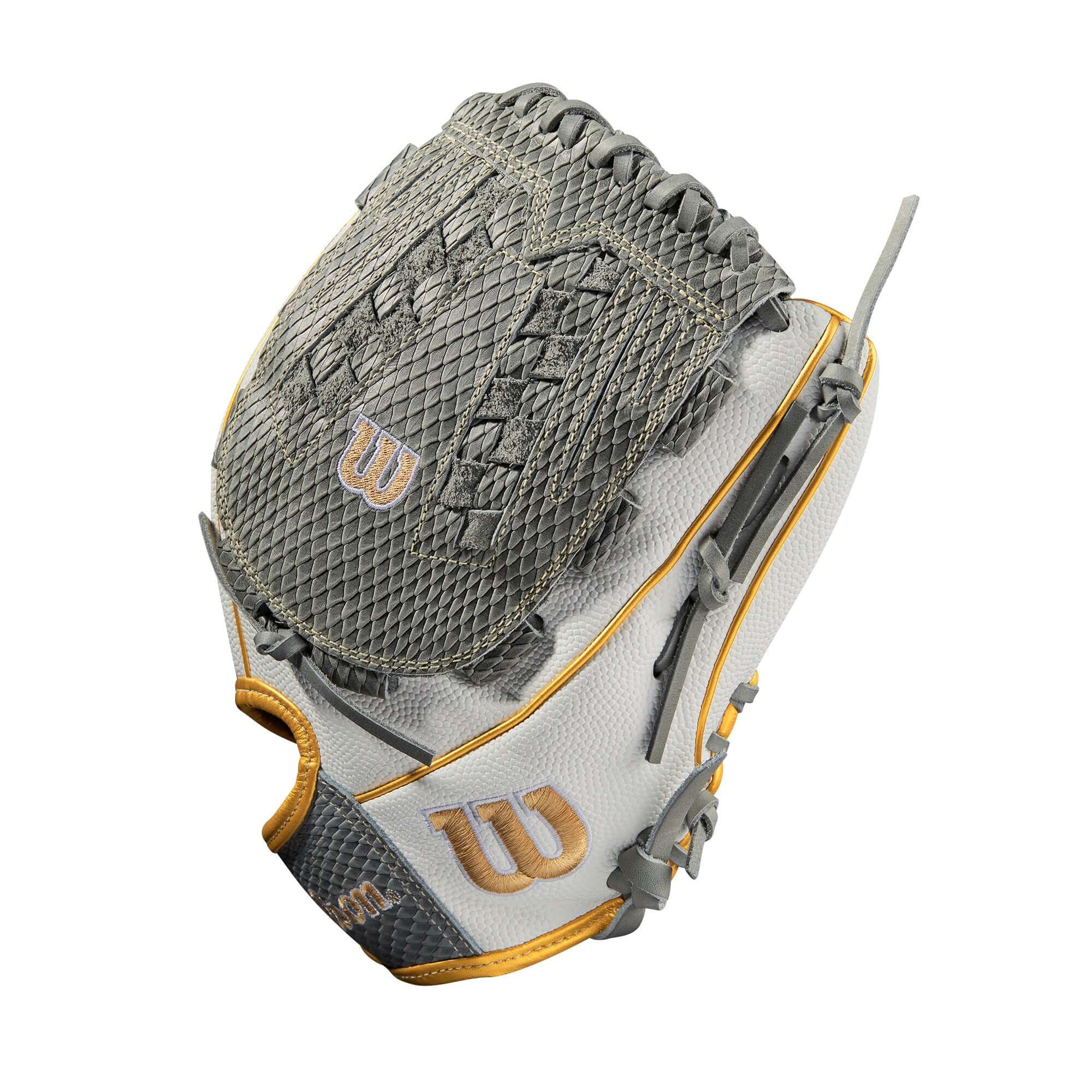 Wilson A2000FP V125SS 21 Grey/White 12.5 baseball glove with Victory Web design for versatile fielding and pitching.