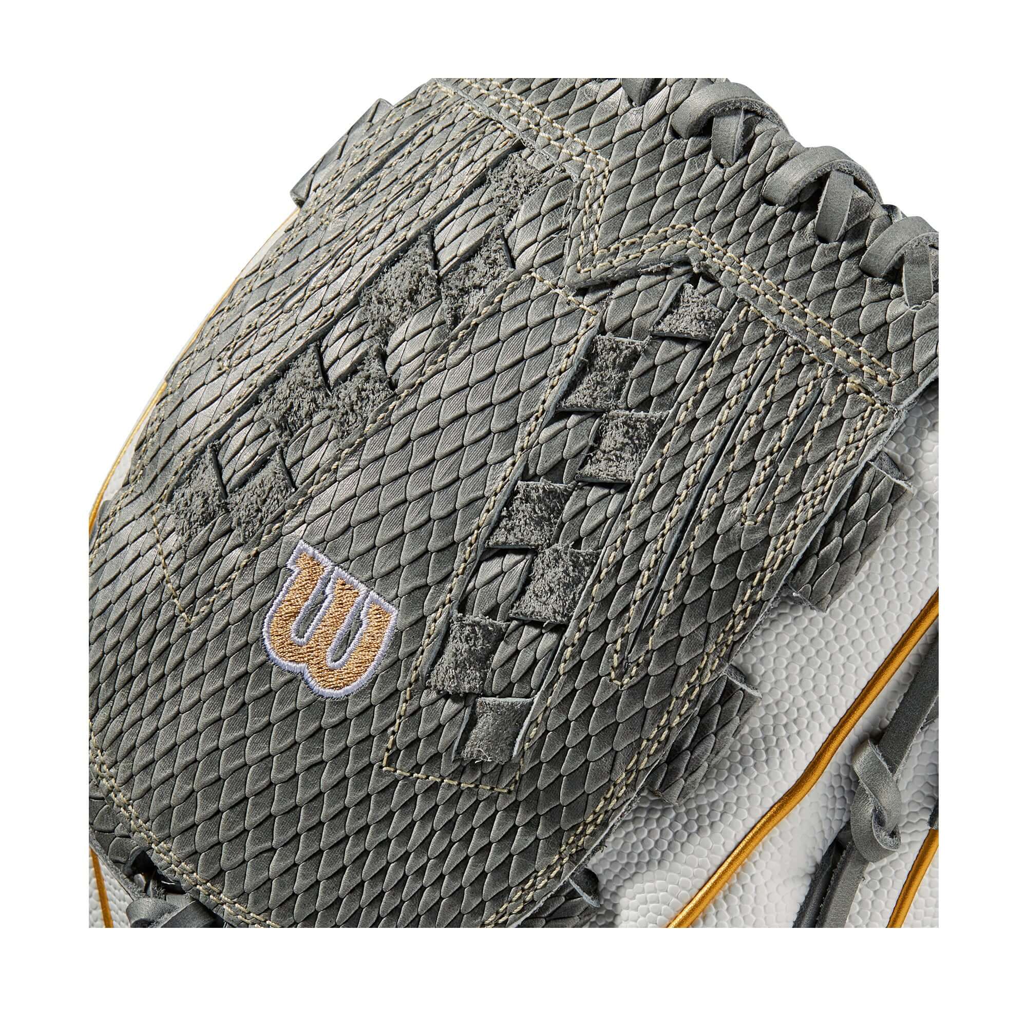 Wilson A2000FP V125SS 21 Grey/White 12.5 baseball glove with Victory Web design for versatile fielding and pitching.
