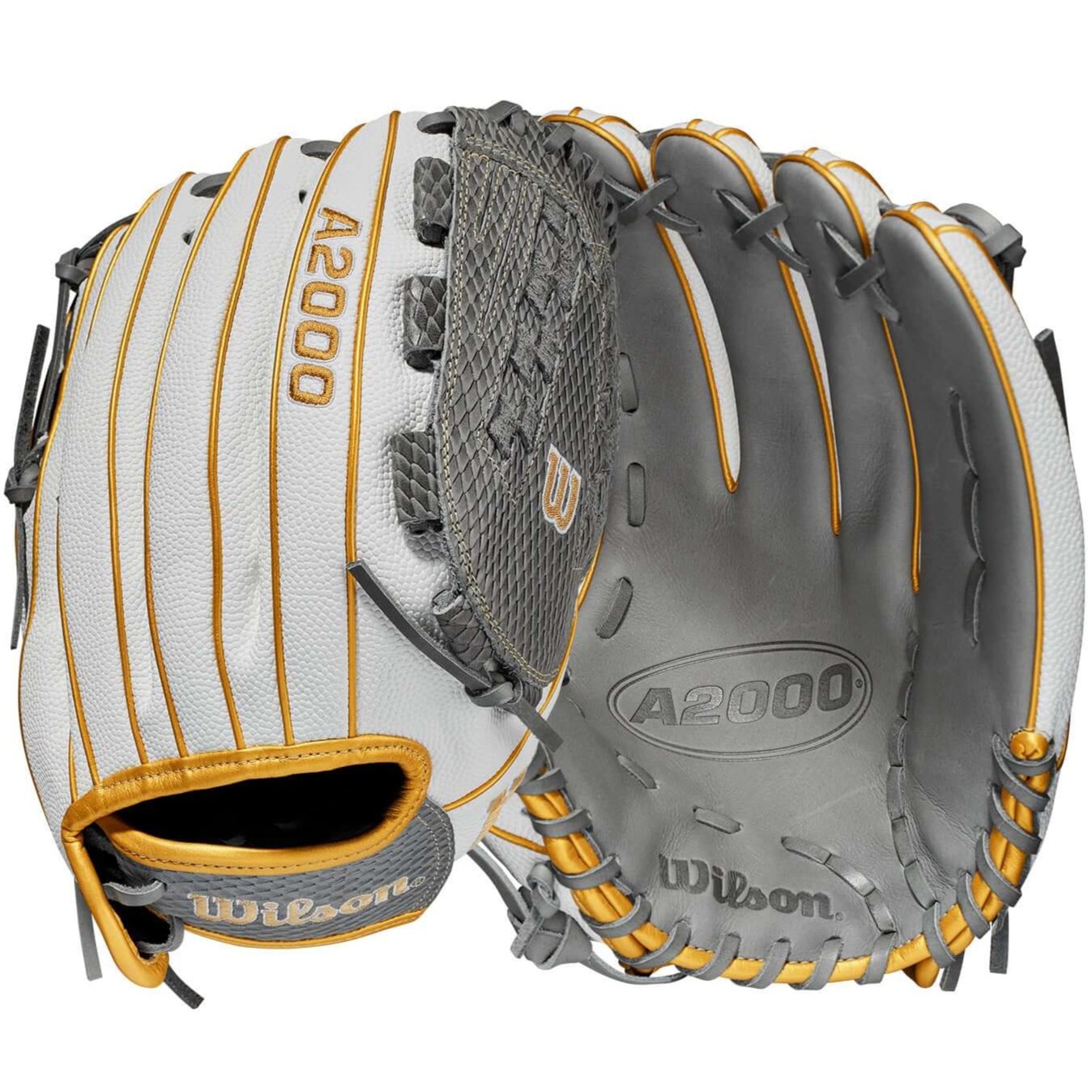 Wilson A2000FP V125SS 21 Grey/White 12.5 baseball glove with Victory Web design for versatile fielding and pitching.