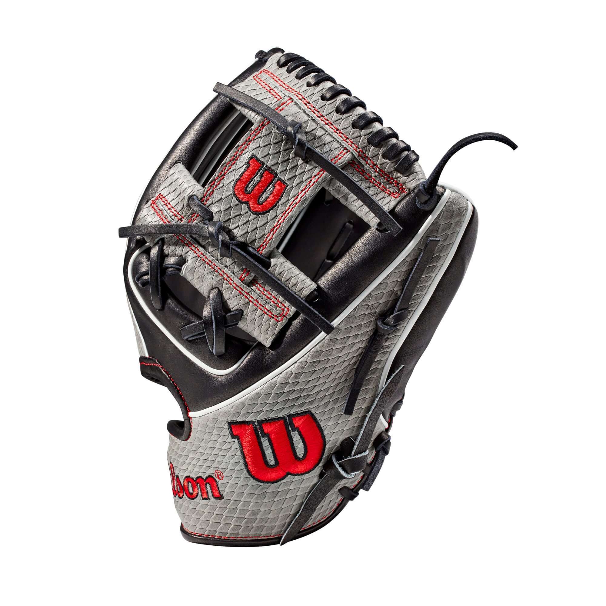 Wilson 100 GOTM December 2020 Custom A2K 1786 glove in grey and black with red accents, designed for peak performance.