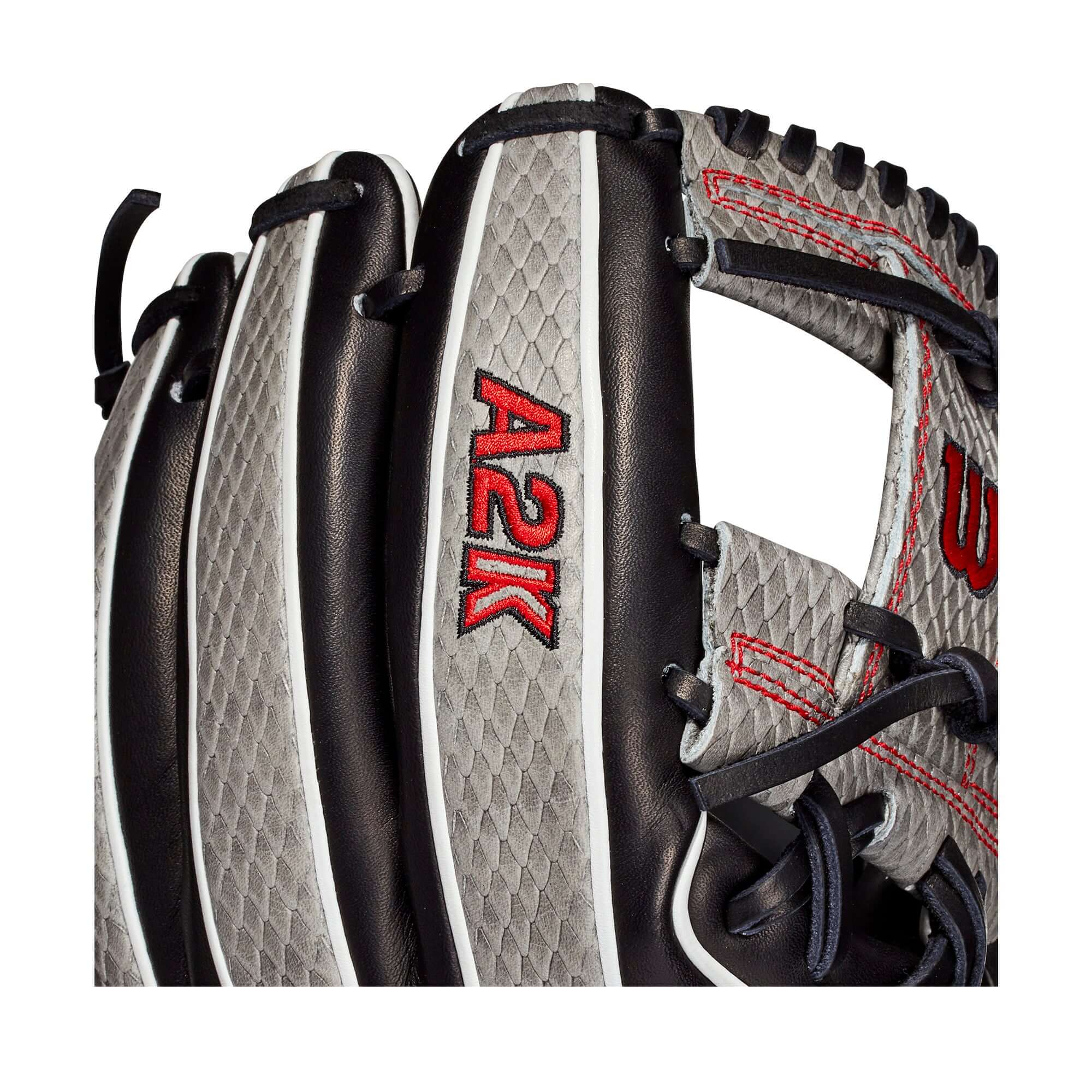 Close-up of Wilson A2K 1786 glove in grey and black SnakeSkin leather, showcasing custom design details.