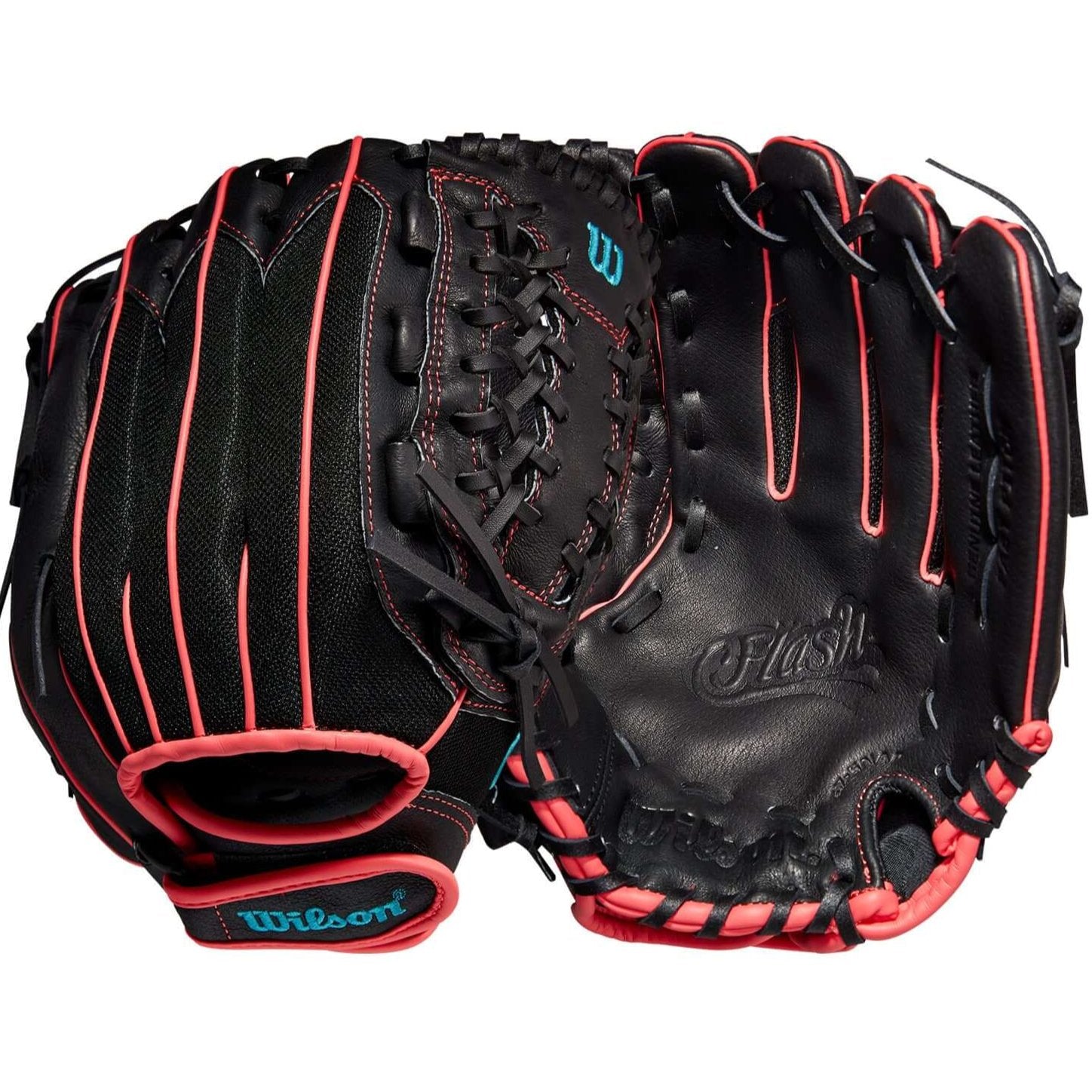 Wilson Flash 12 LHT Fastpitch Outfield Glove in Black, Pink, and Tropical Blue