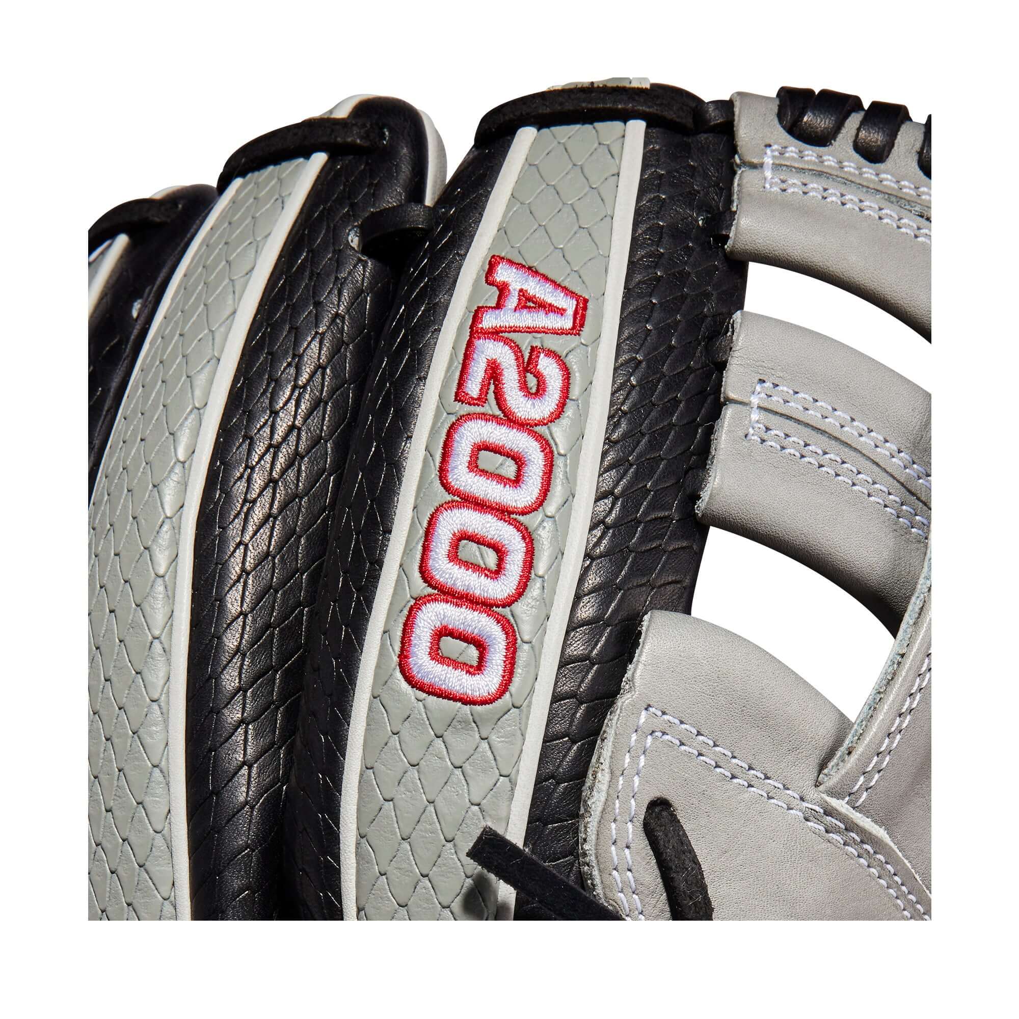 Black and grey Wilson A2000 SuperSkin glove with SuperSnakeSkin for reduced weight and moisture resistance.