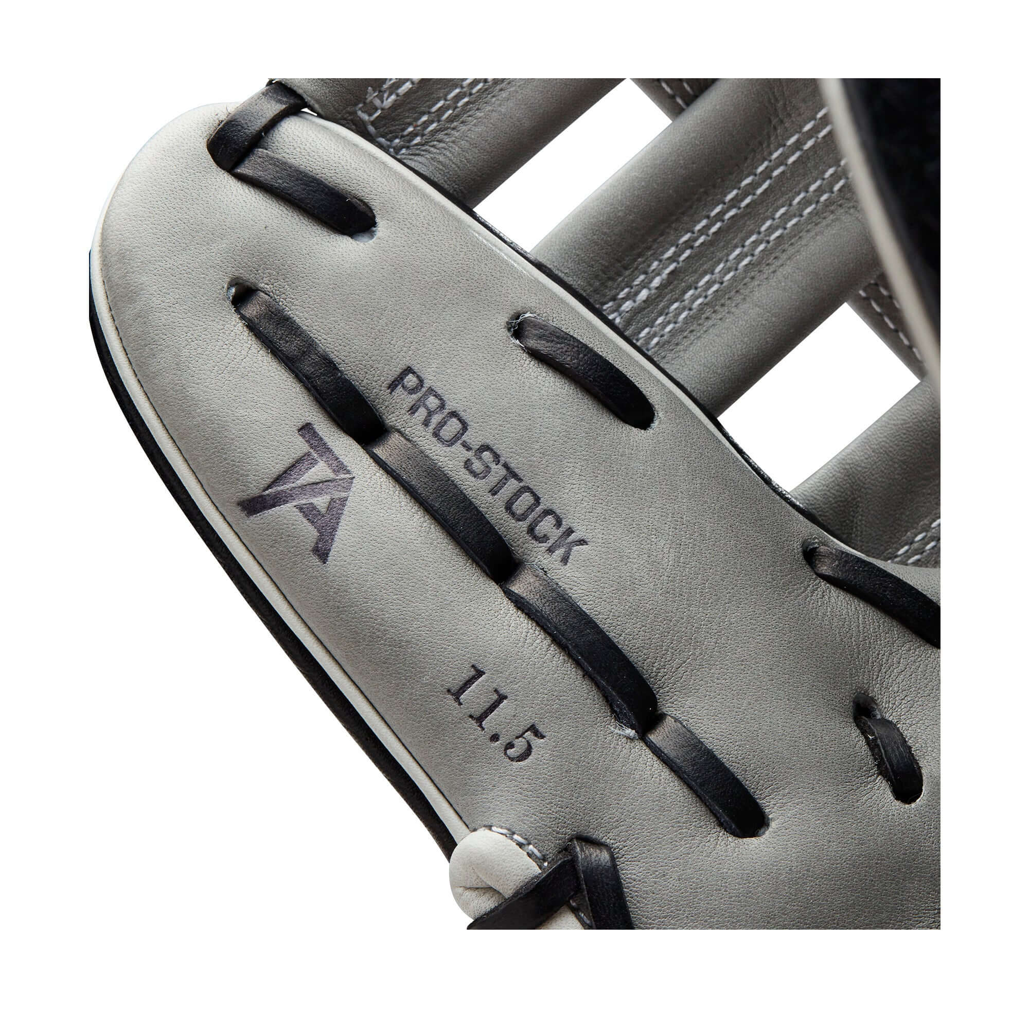 Black and grey Wilson A2000 SuperSkin glove with SuperSnakeSkin for reduced weight and moisture resistance.