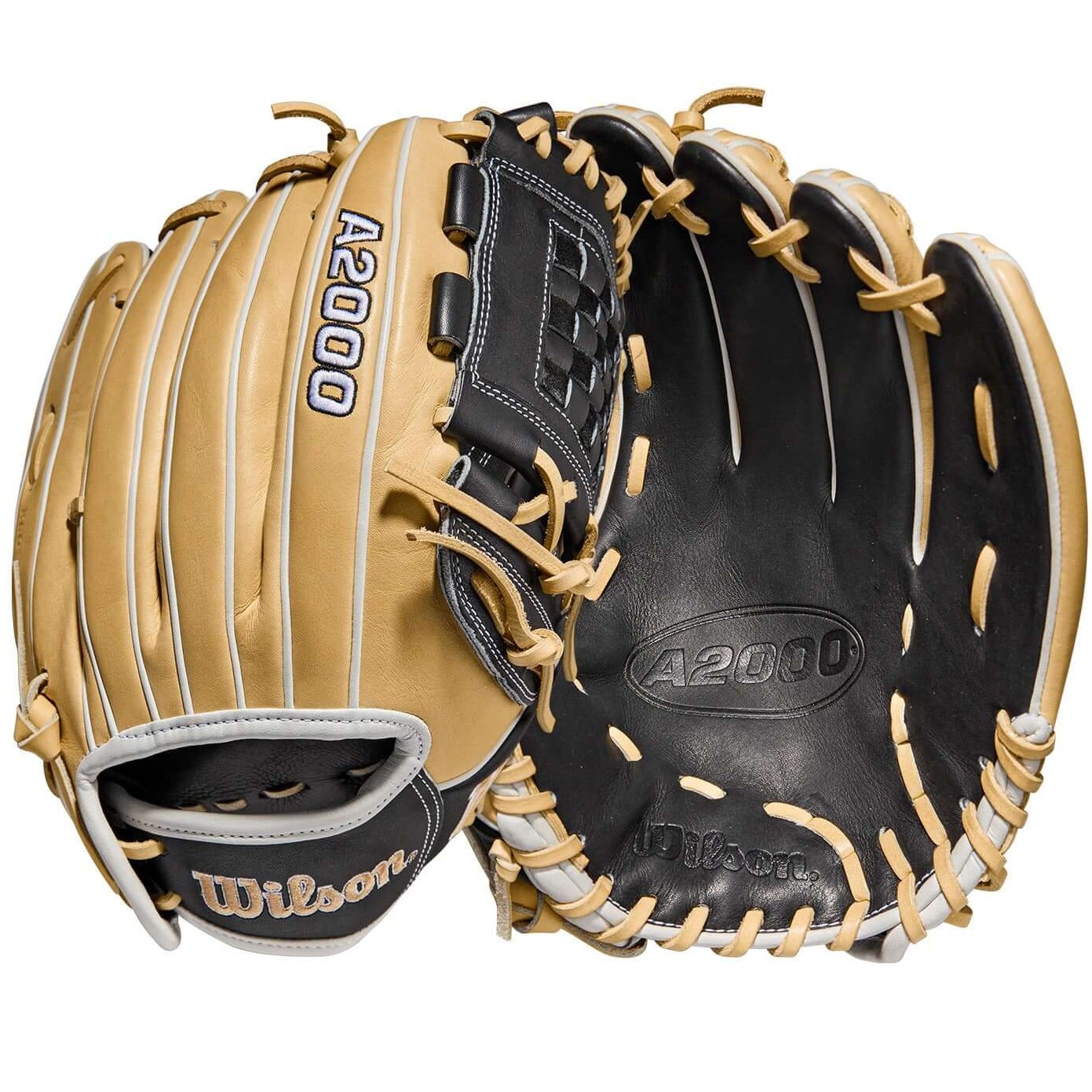 Wilson A2000 Fastpitch P12 glove in blonde, black, and white, 12 inches, for utility players.