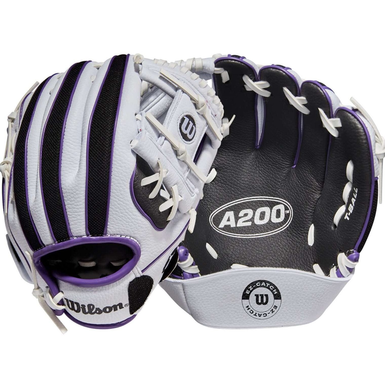 Wilson A200 EZ Catch 10-inch Baseball Glove in White, Black, and Purple