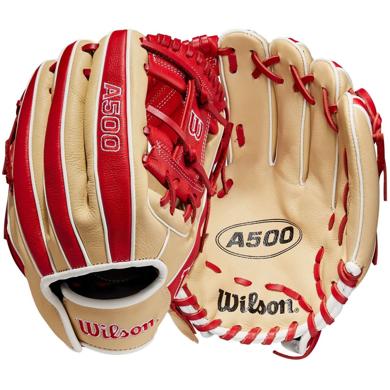 Wilson A500 11-inch youth baseball glove, all-leather construction, Blonde and Red Top Grain leather.