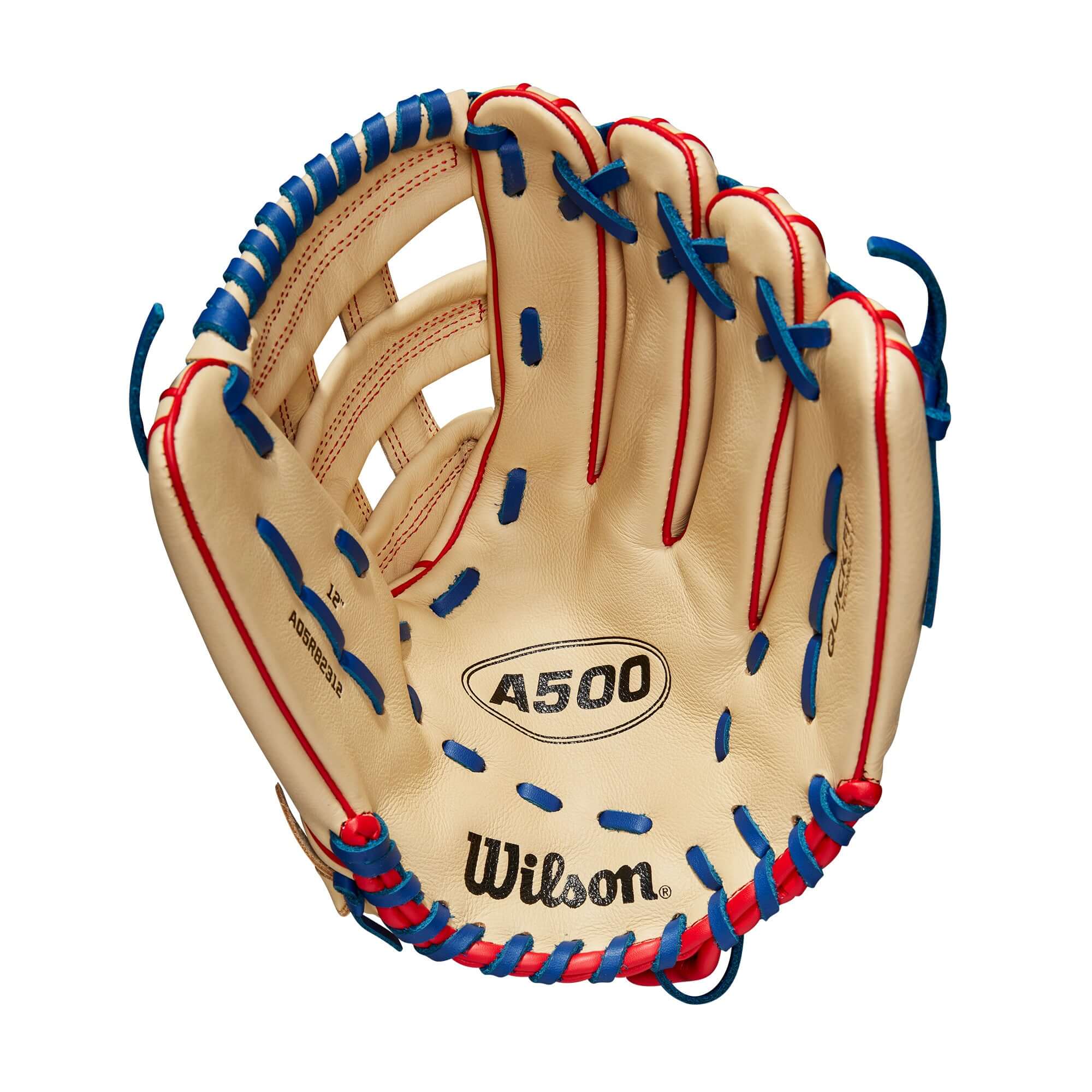 Wilson A500 12-inch Youth Baseball Glove, Blonde/Red/Royal, All-Leather Construction