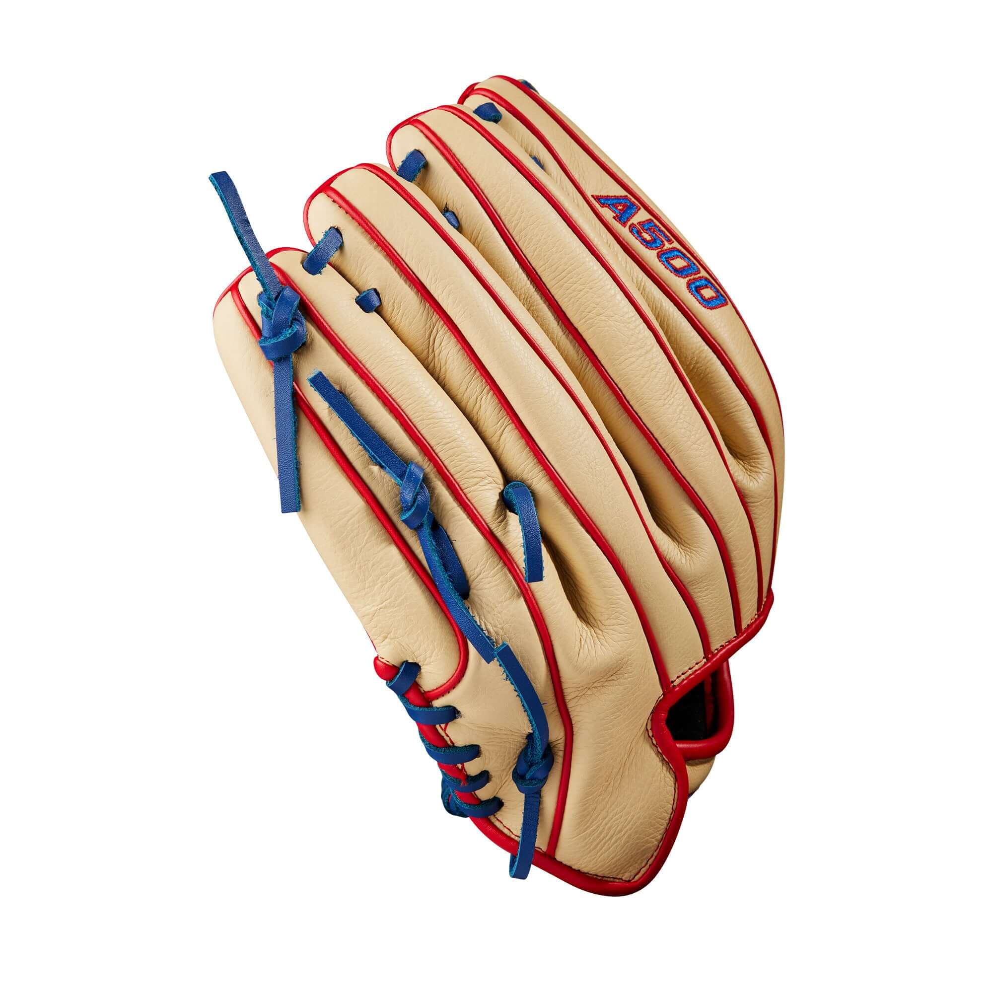Wilson A500 12-inch Youth Baseball Glove, Blonde/Red/Royal, All-Leather Construction