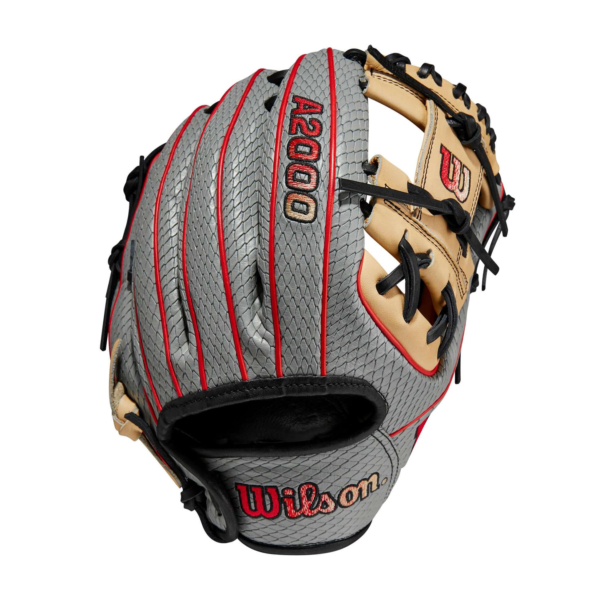 Grey/Blonde/Red Wilson 2023 A2000 PF88SS Baseball Glove, 11.25, with H-Web and shallow pocket.