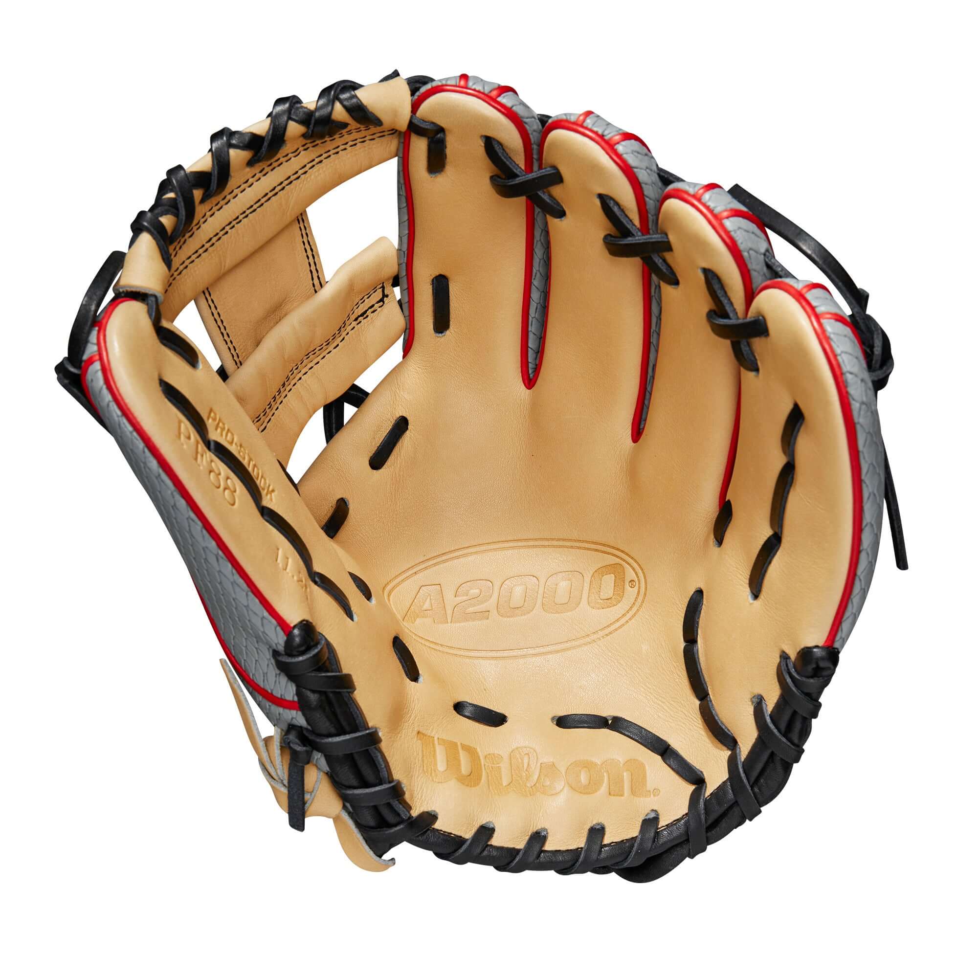 Grey/Blonde/Red Wilson 2023 A2000 PF88SS Baseball Glove, 11.25, with H-Web and shallow pocket.