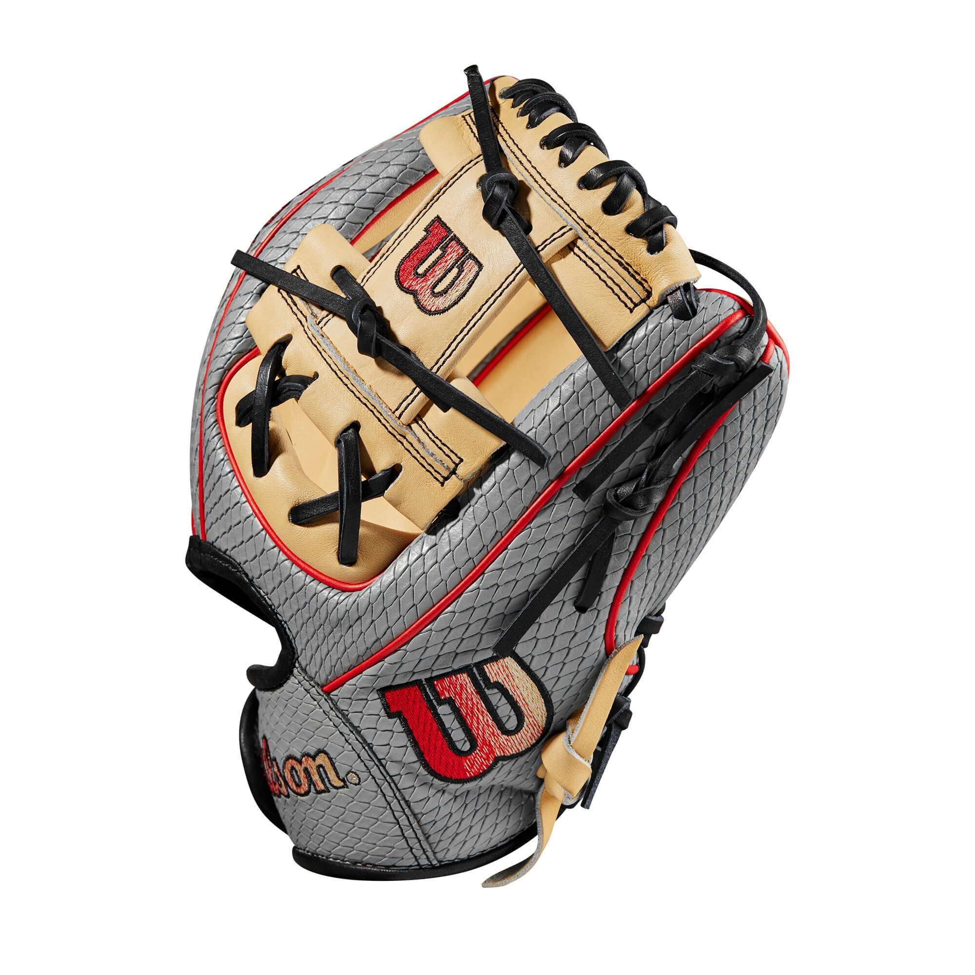 Grey/Blonde/Red Wilson 2023 A2000 PF88SS Baseball Glove, 11.25, with H-Web and shallow pocket.