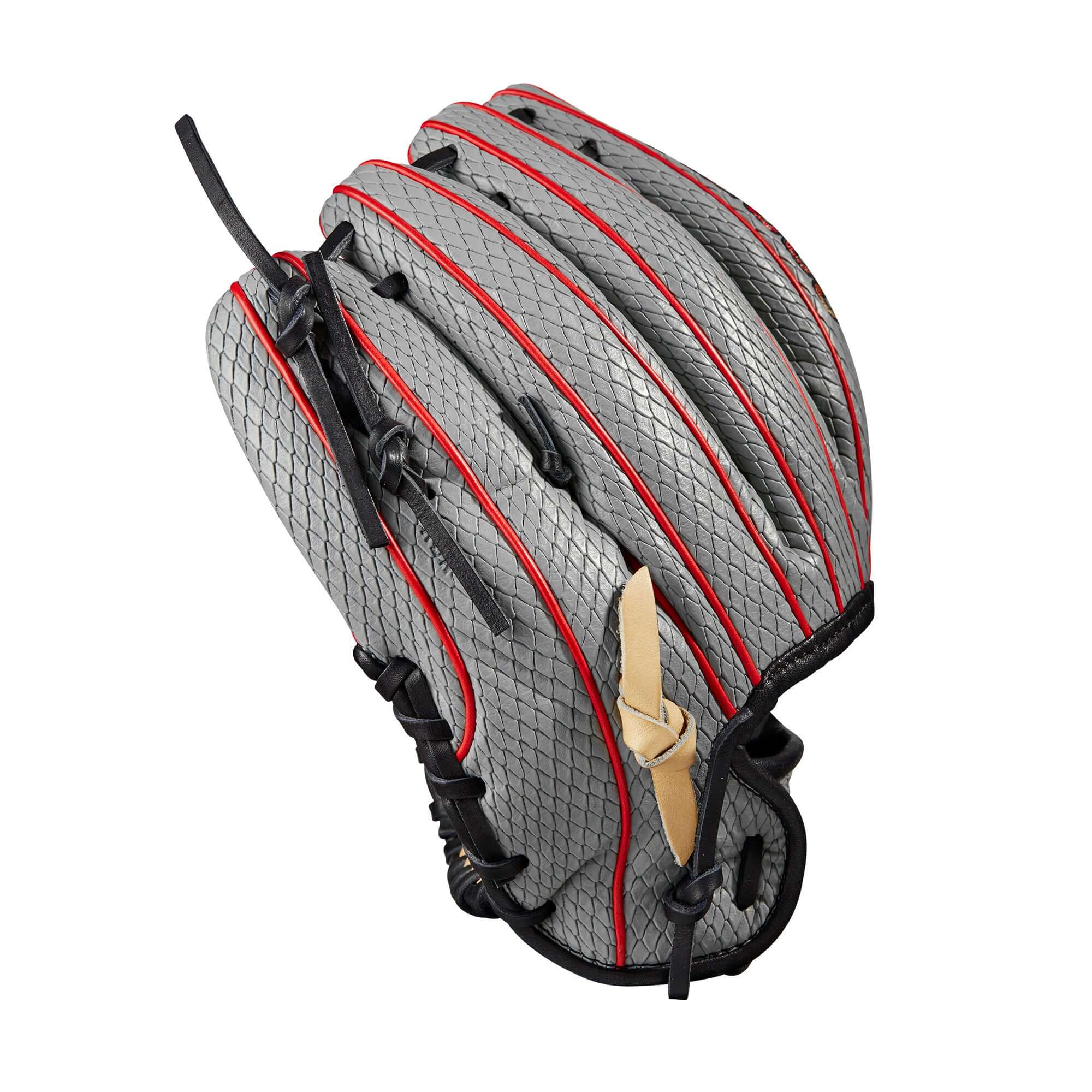 Grey/Blonde/Red Wilson 2023 A2000 PF88SS Baseball Glove, 11.25, with H-Web and shallow pocket.