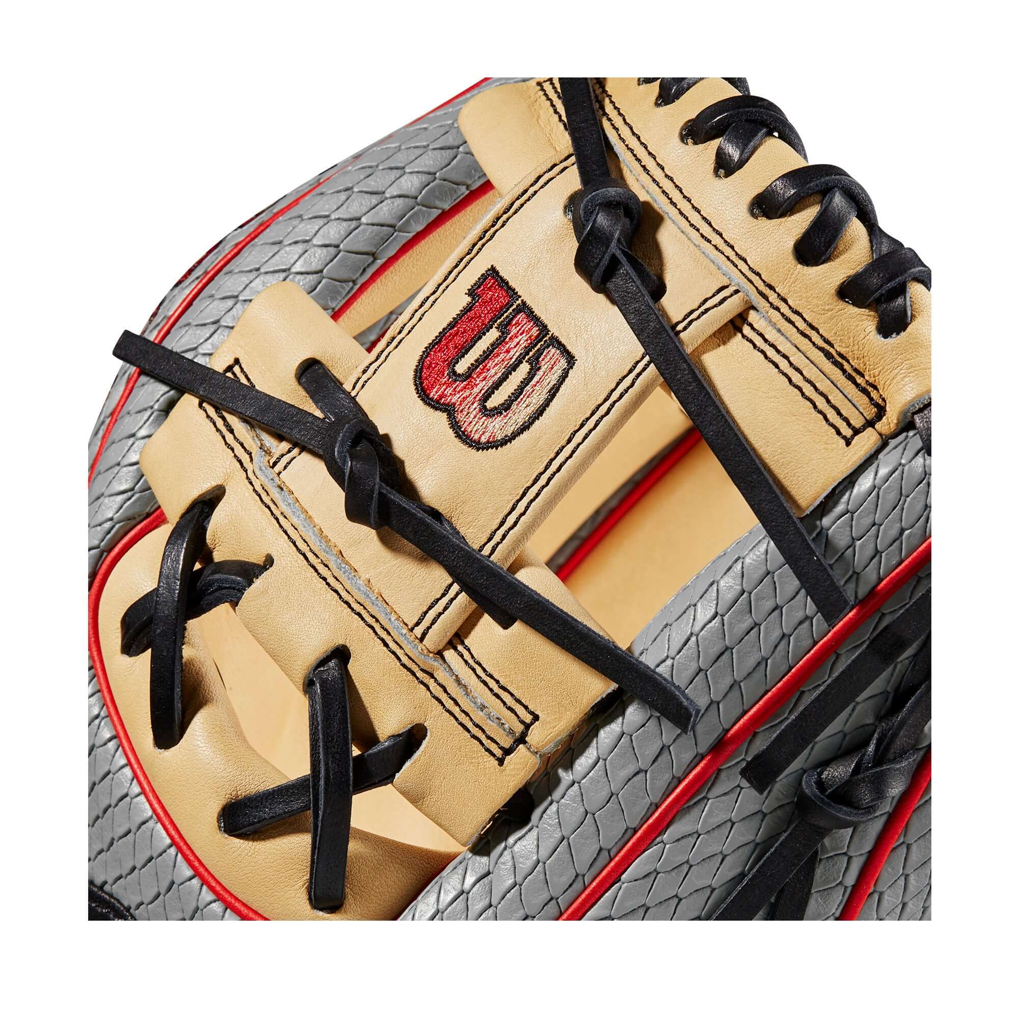 Grey/Blonde/Red Wilson 2023 A2000 PF88SS Baseball Glove, 11.25, with H-Web and shallow pocket.