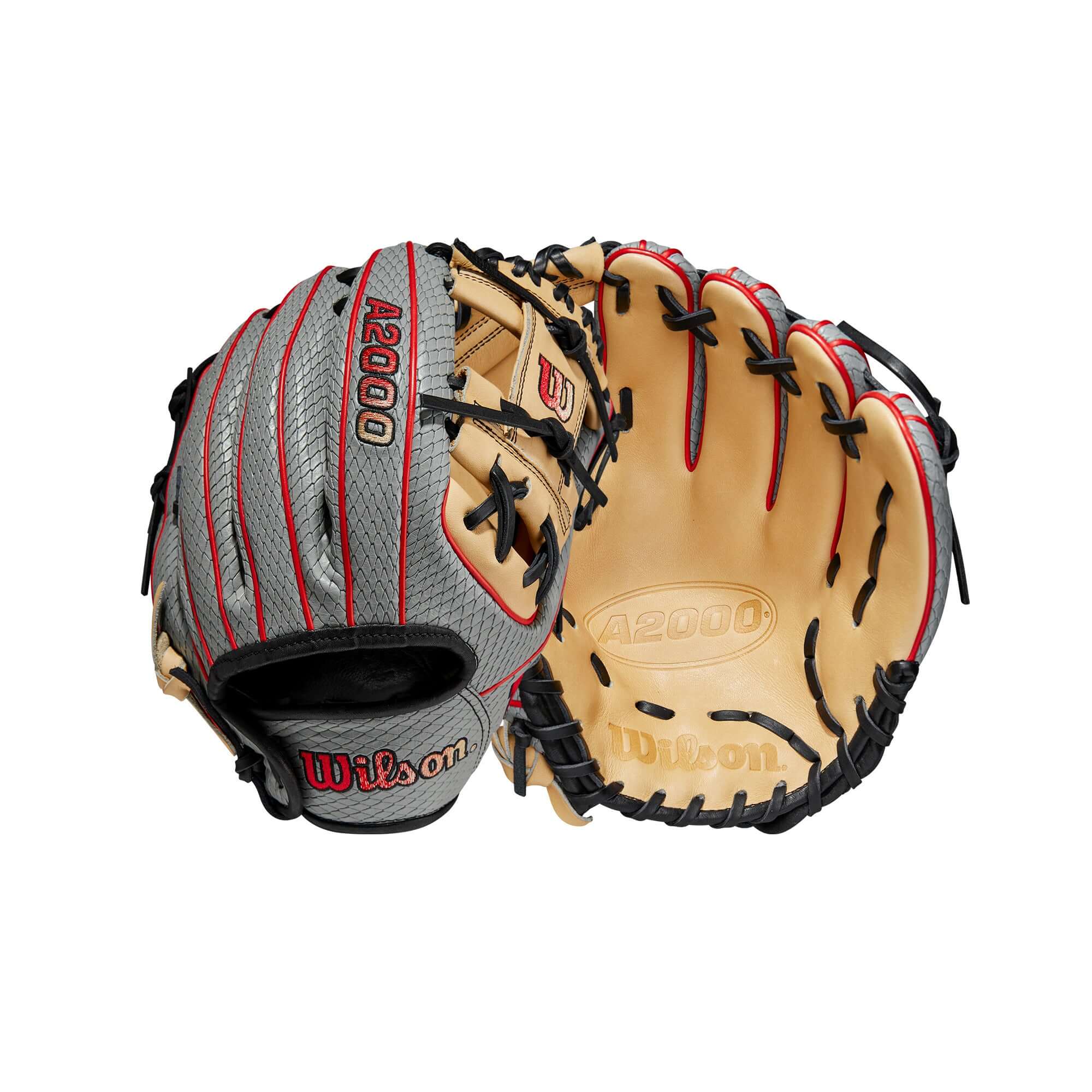 Grey/Blonde/Red Wilson 2023 A2000 PF88SS Baseball Glove, 11.25, with H-Web and shallow pocket.