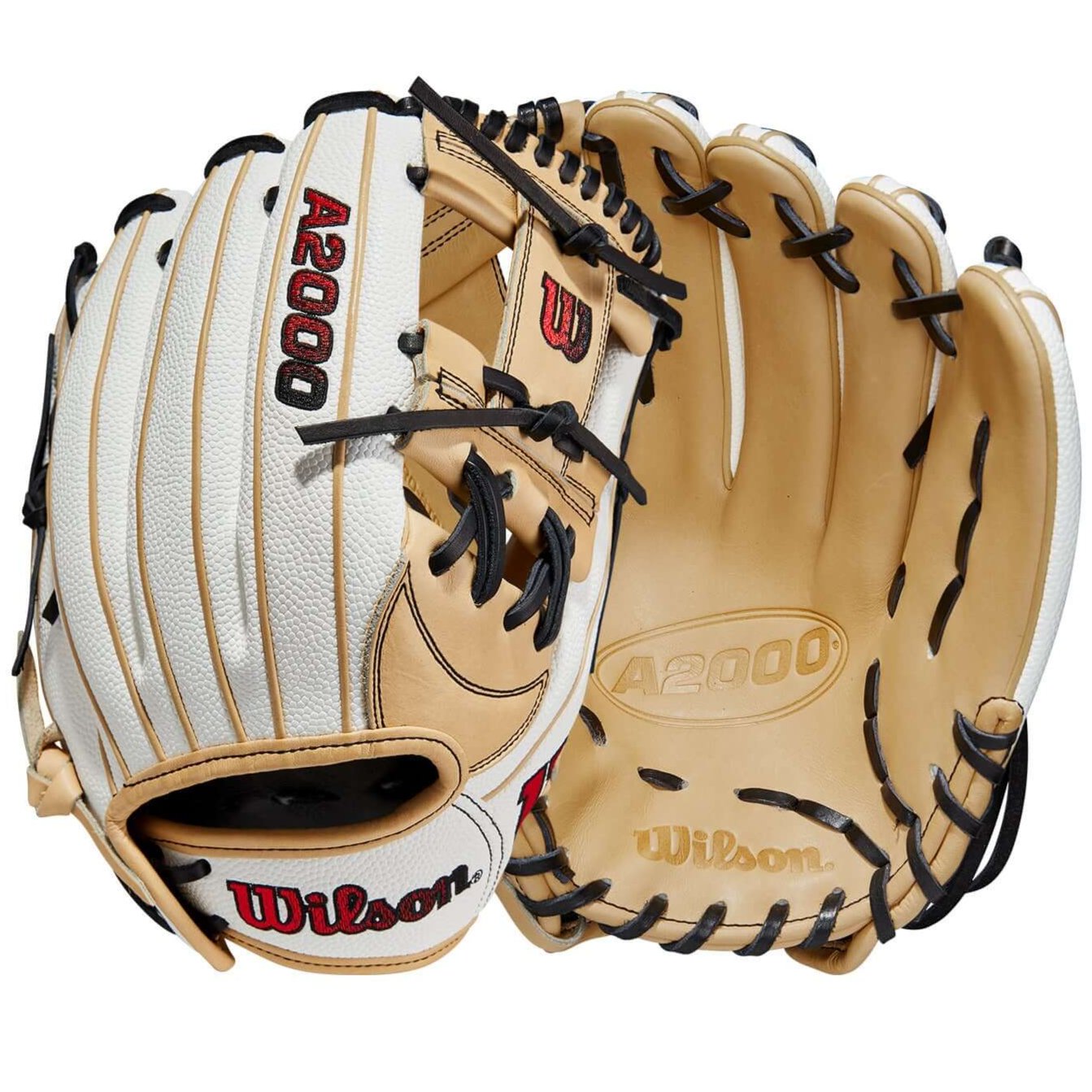 Wilson A2000FP H12SS 12-inch infield glove, white and blonde with red and black logos.
