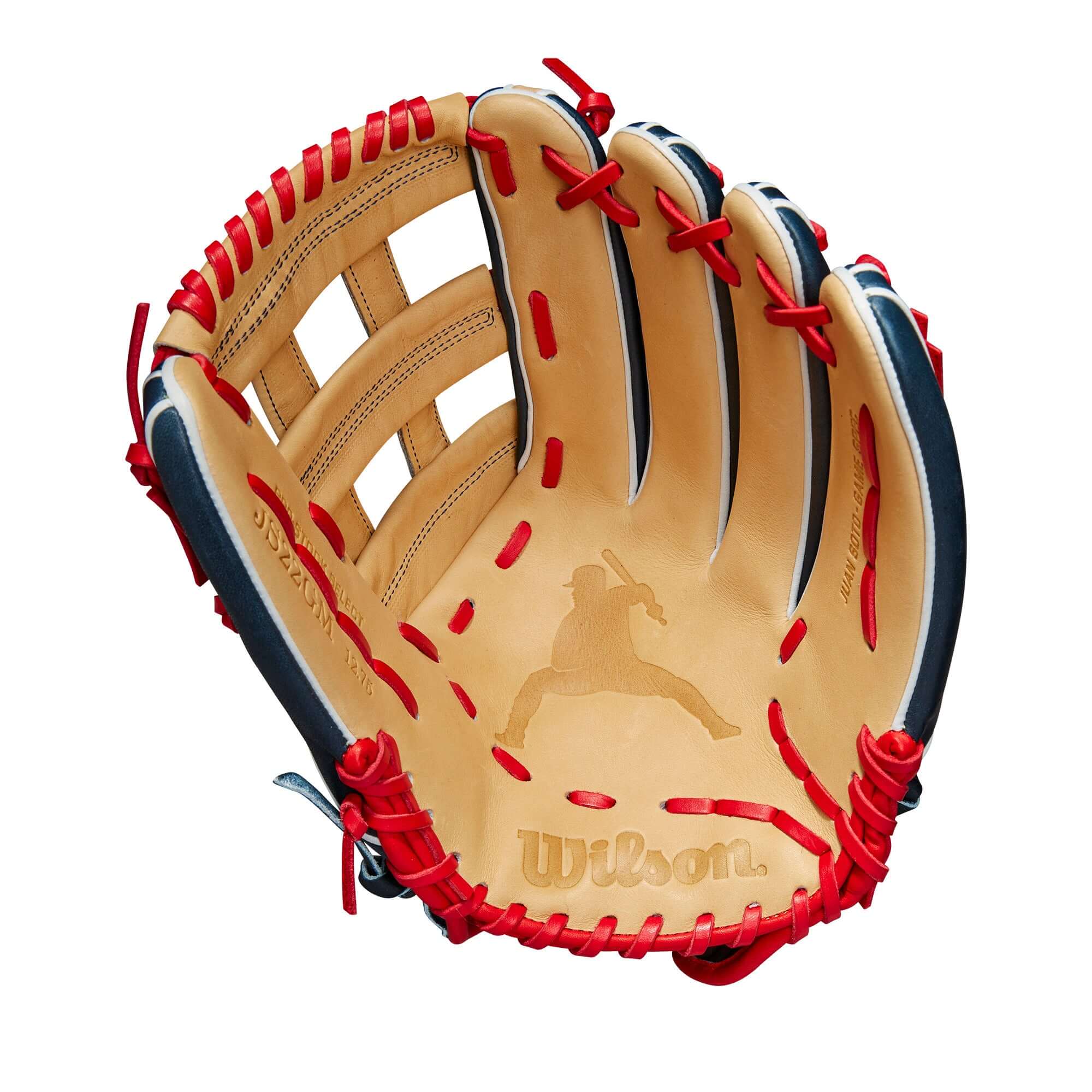 Wilson 2023 A2K Juan Soto Game Model glove, 12.75-inch, Dual Post Web, Pro Stock Select leather, Juan Soto logo palm stamp.