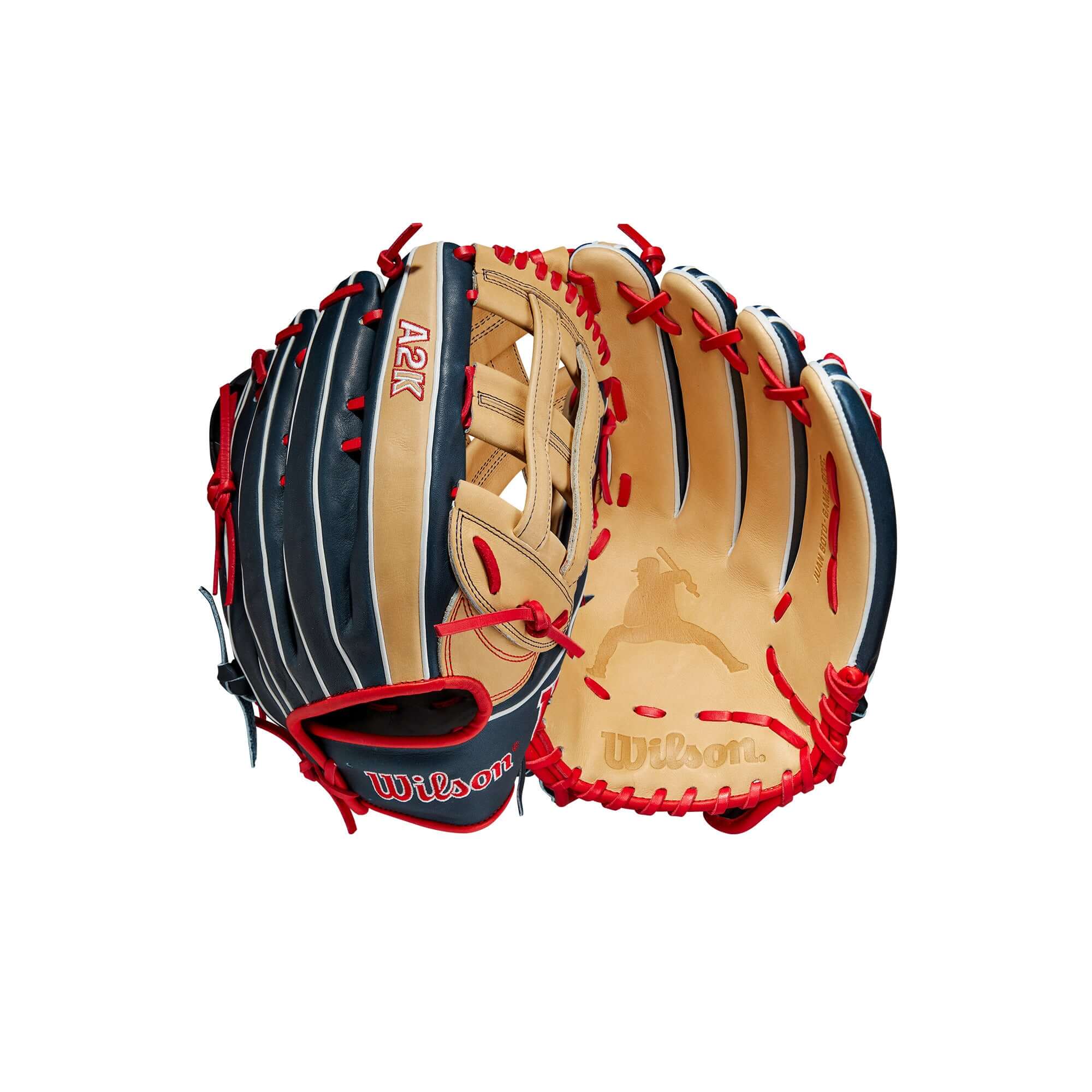 Wilson 2023 A2K Juan Soto Game Model glove, 12.75-inch, Dual Post Web, Pro Stock Select leather, Juan Soto logo palm stamp.