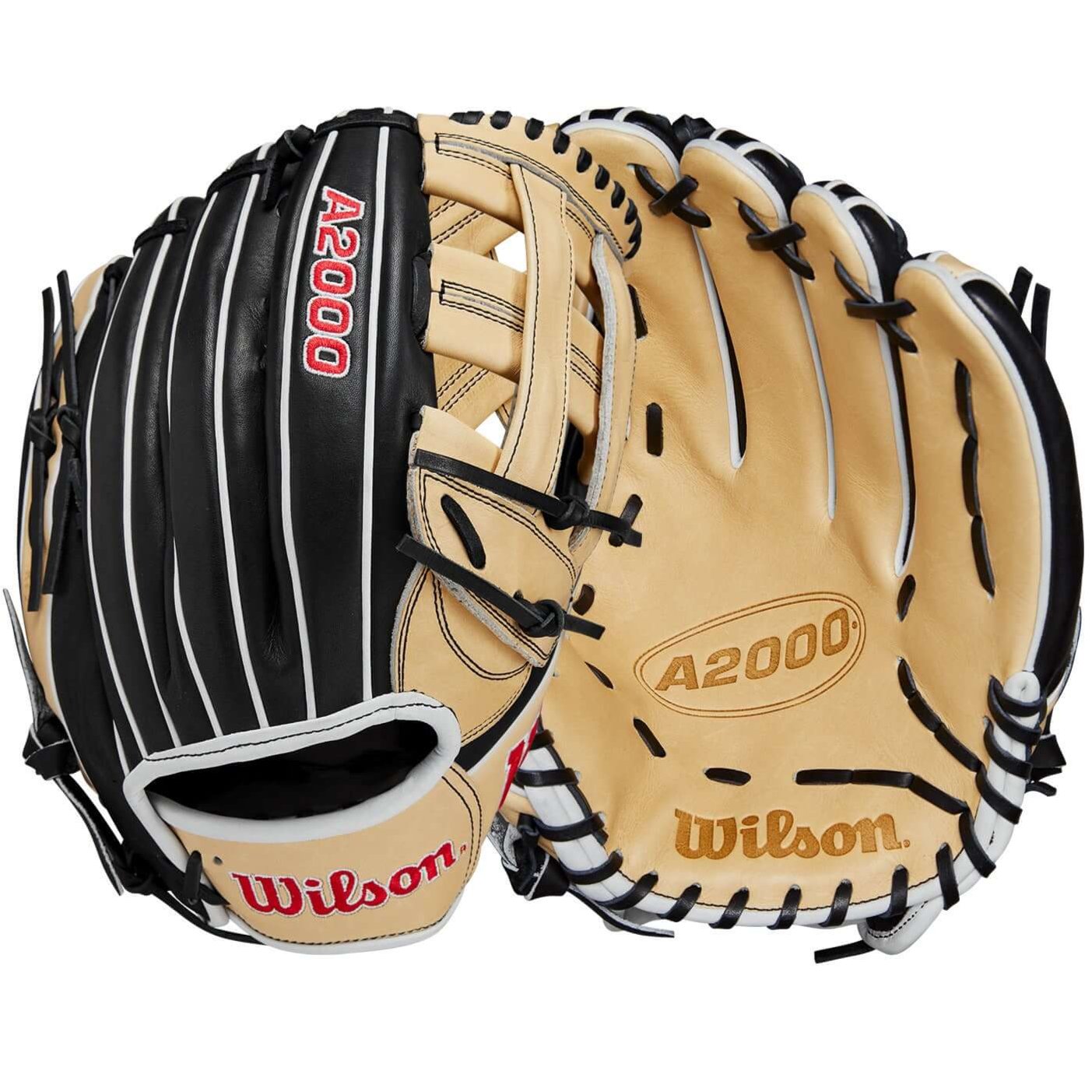 Wilson A2000 1750 glove in black, blonde, and red, designed for outfielders with a 12.5" size and Dual Post Web.