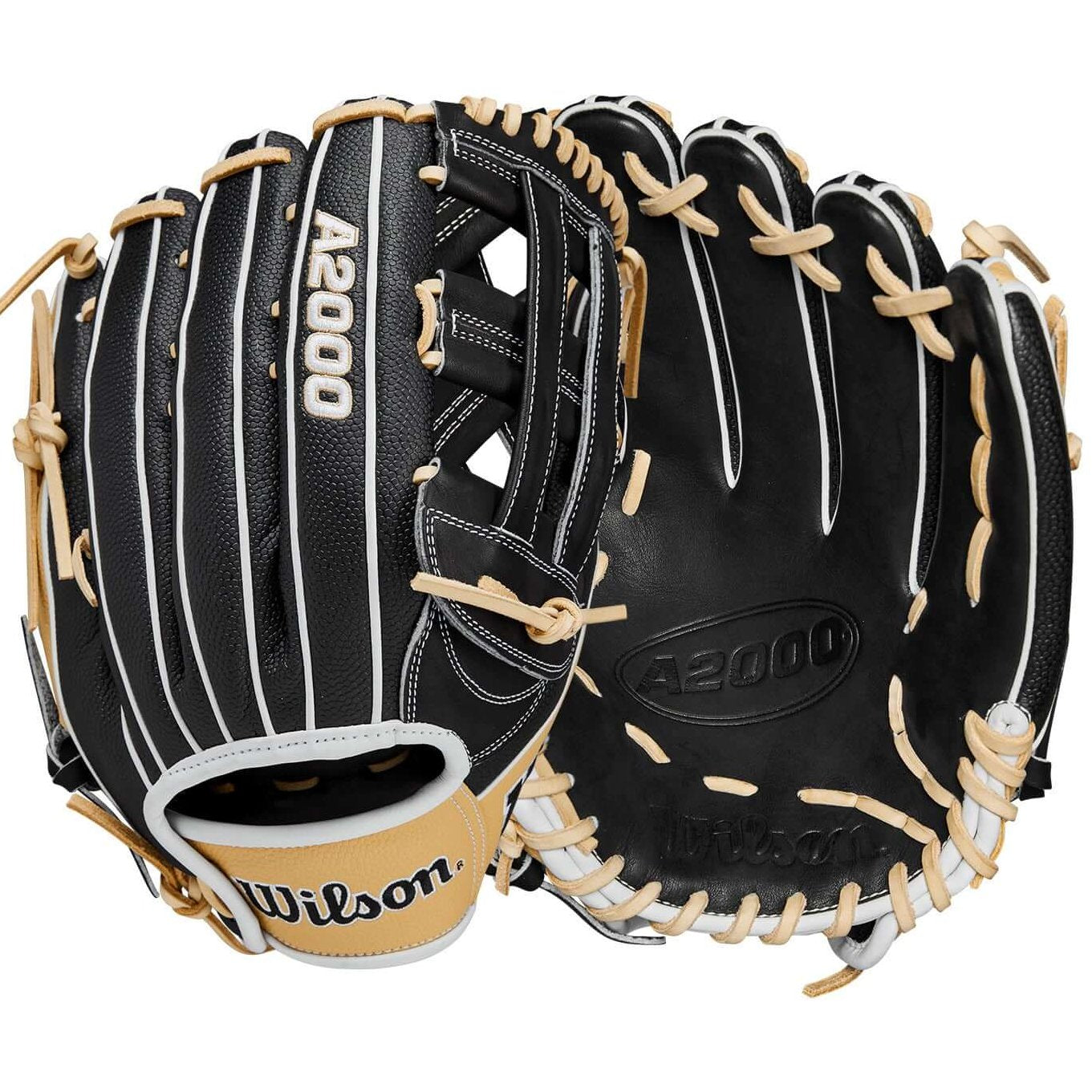 Wilson 2024 A2000 PF50SS Black/Blonde/White 12.25" Outfield Glove featuring SuperSkin™ and Dual Post Web design.