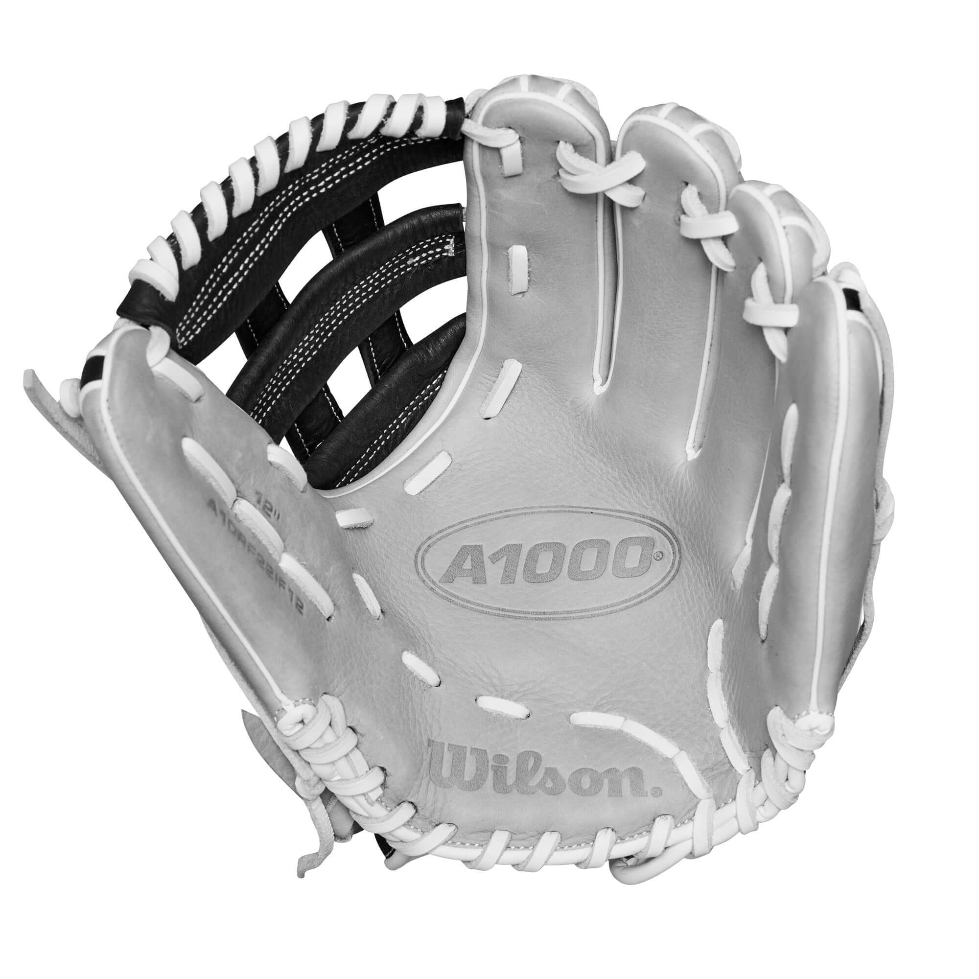 Wilson A1000 IF12 infield glove in silver, black, and white, designed for fastpitch softball players.