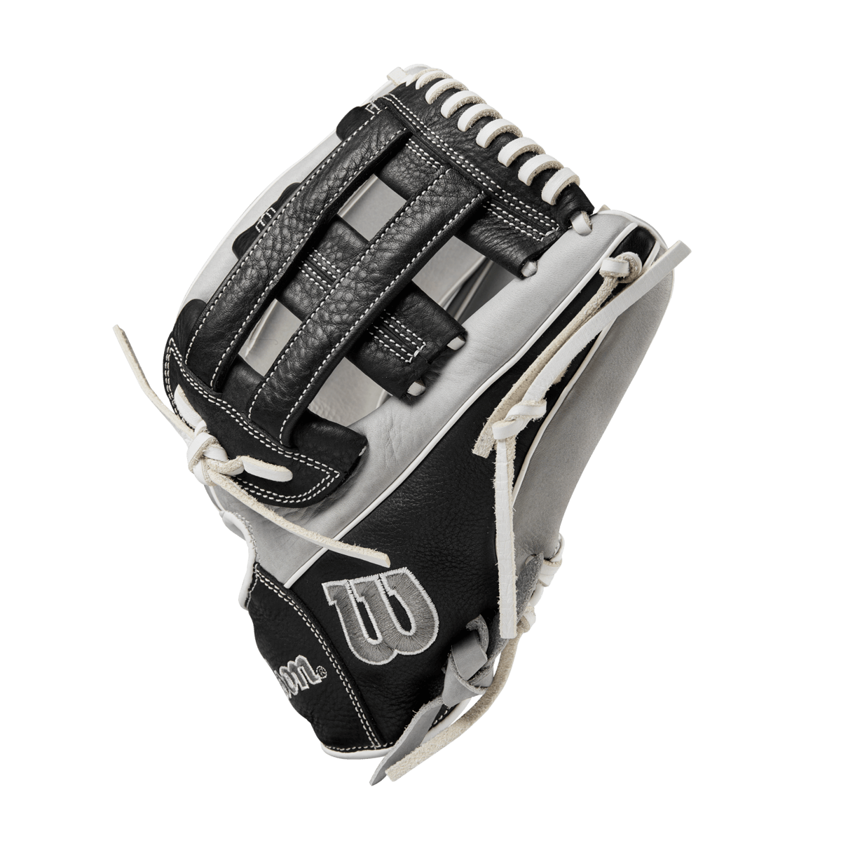 Wilson 2024 A1000 IF12 infield fastpitch softball glove in silver, black, and white, 12 inches, with Dual Post Web design.