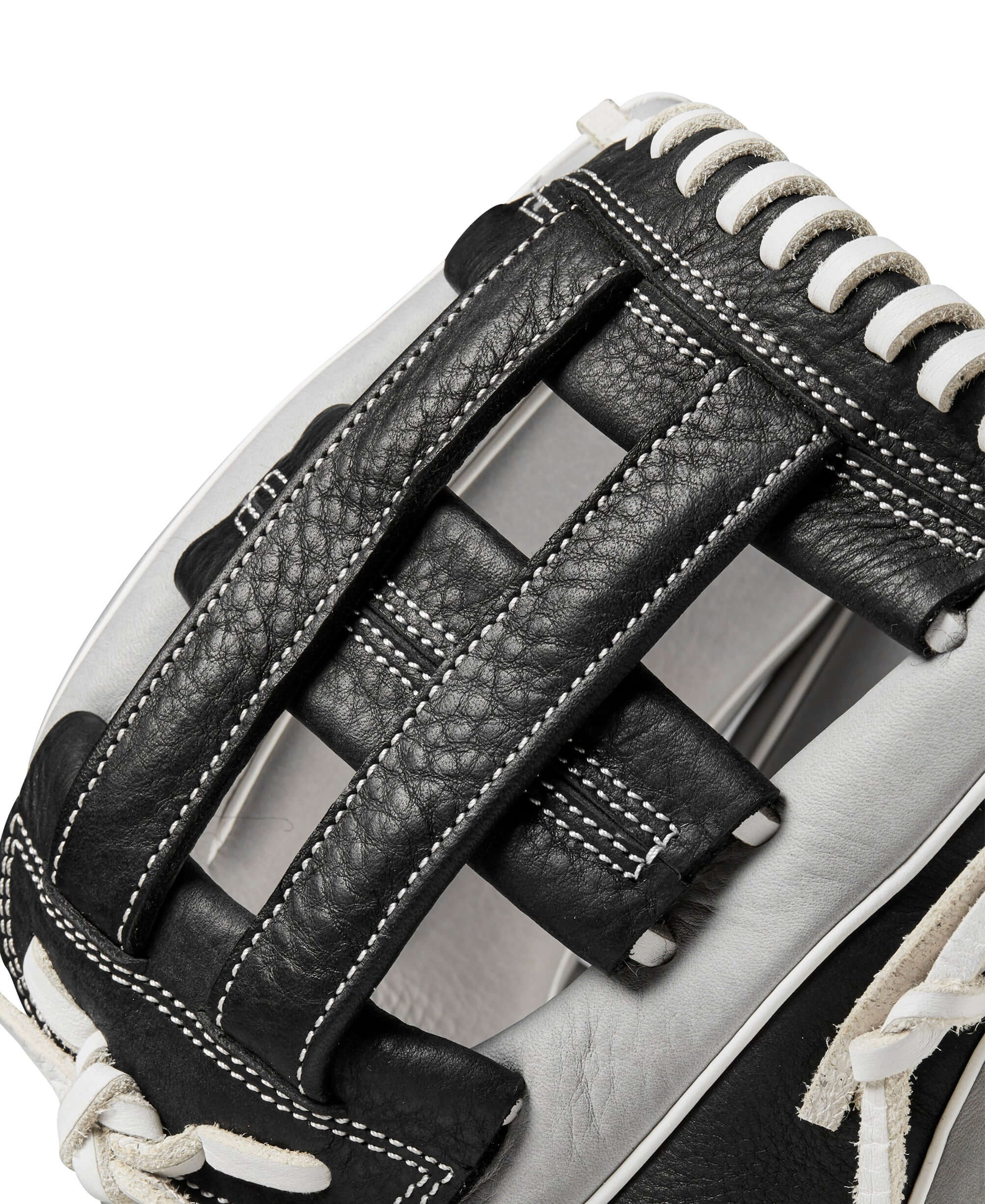 Close-up of the Wilson 2024 A1000 IF12 softball glove showing the Dual Post Web design in silver, black, and white.