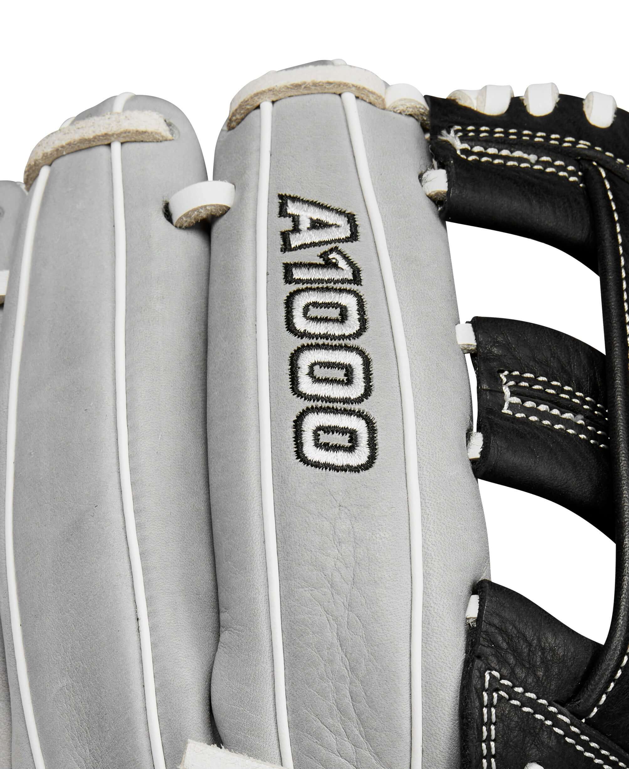 Wilson A1000 IF12 infield glove showing detail of stitching and logo in silver and black design.
