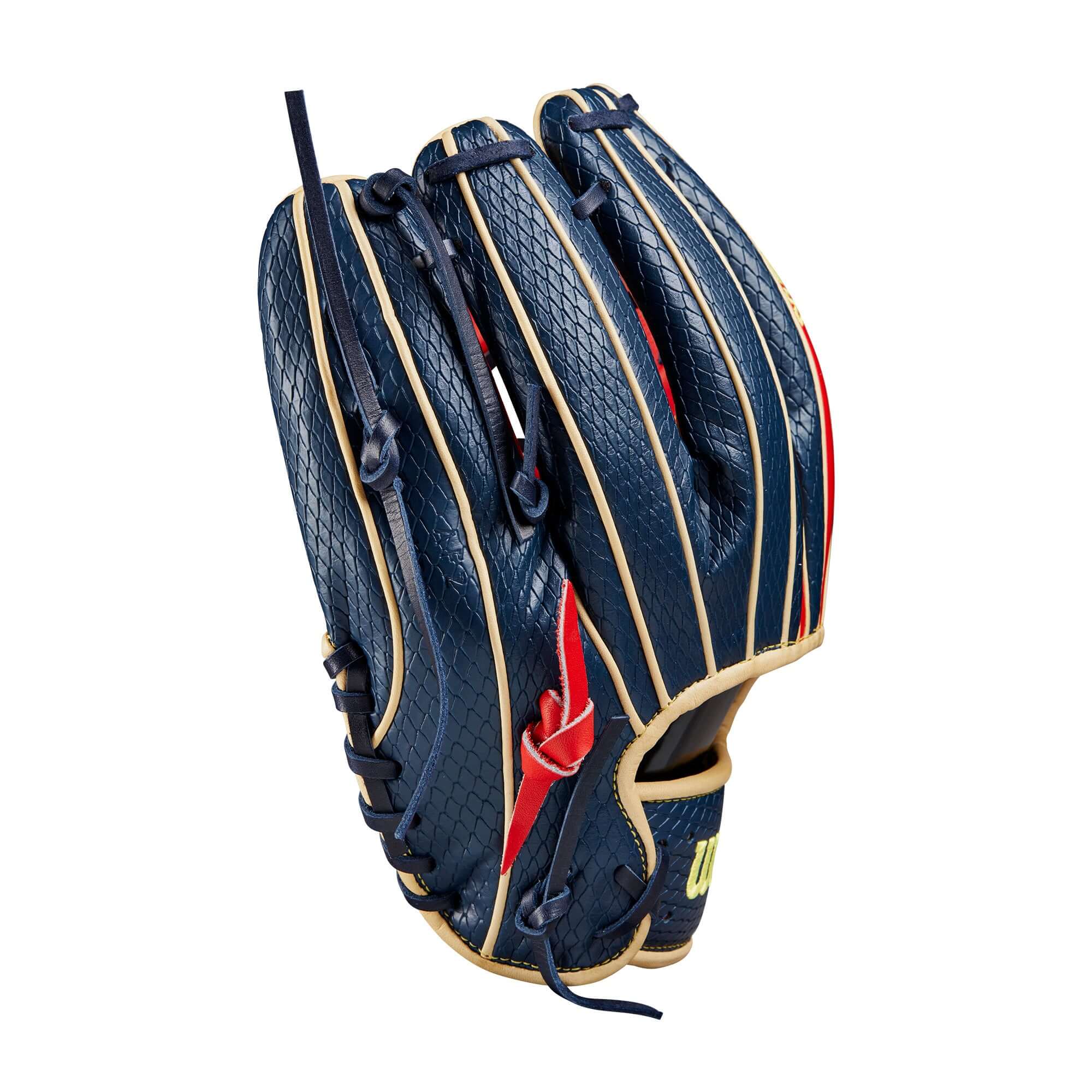 Wilson 2024 A2K Ozzie Albies 11.5" baseball glove in navy with red accents for optimal control and lightweight performance.