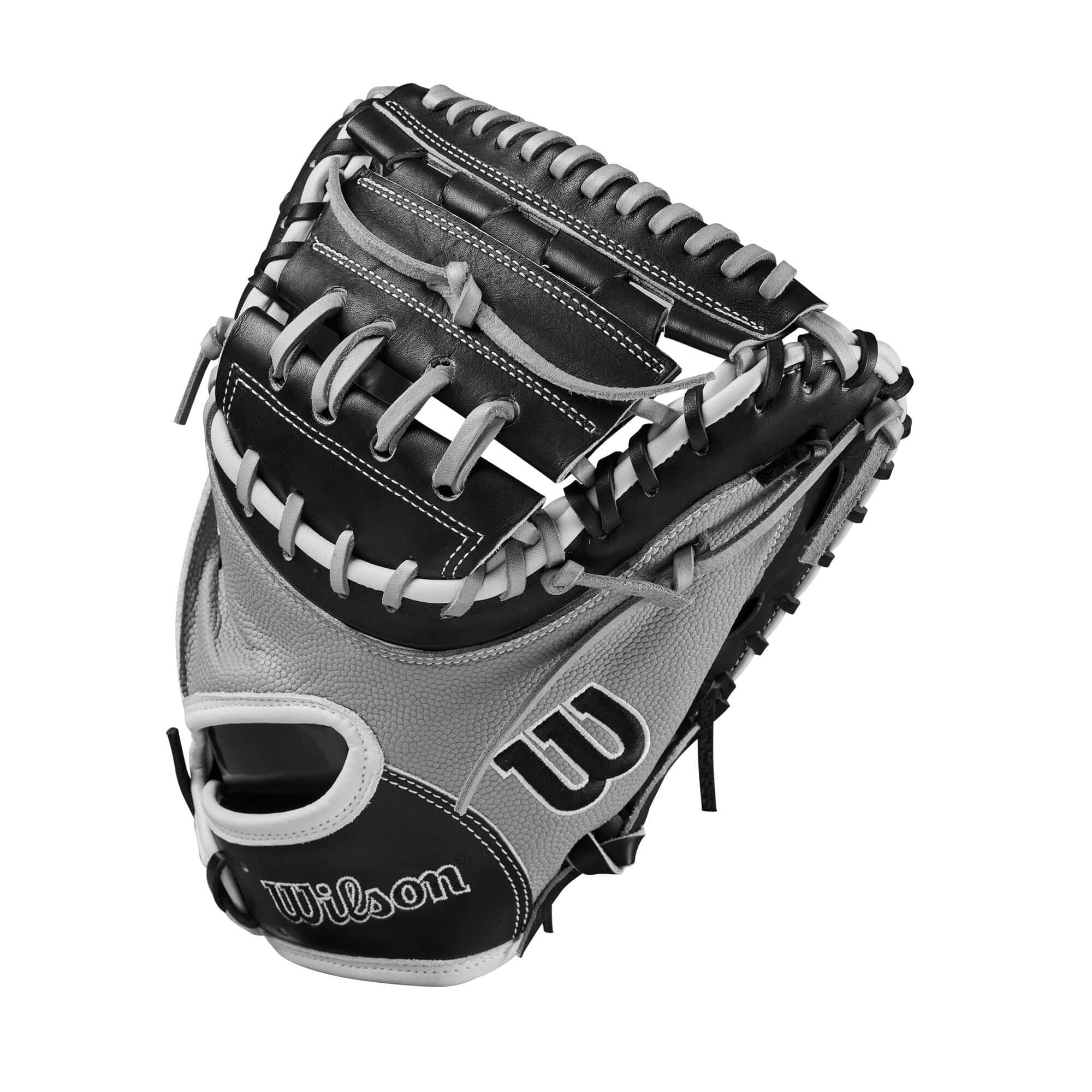 Wilson 2024 A2000 FPCM34SS Catcher's Mitt in black and grey with enhanced catching area and lightweight design.
