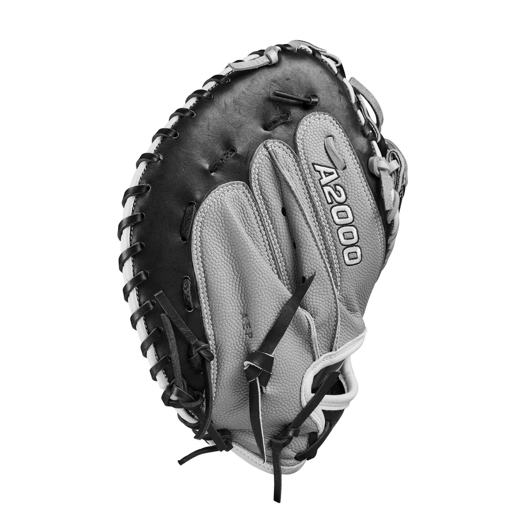 Wilson A2000 FPCM34SS catcher's mitt in black and grey, showcasing advanced design for pitch framing and control.
