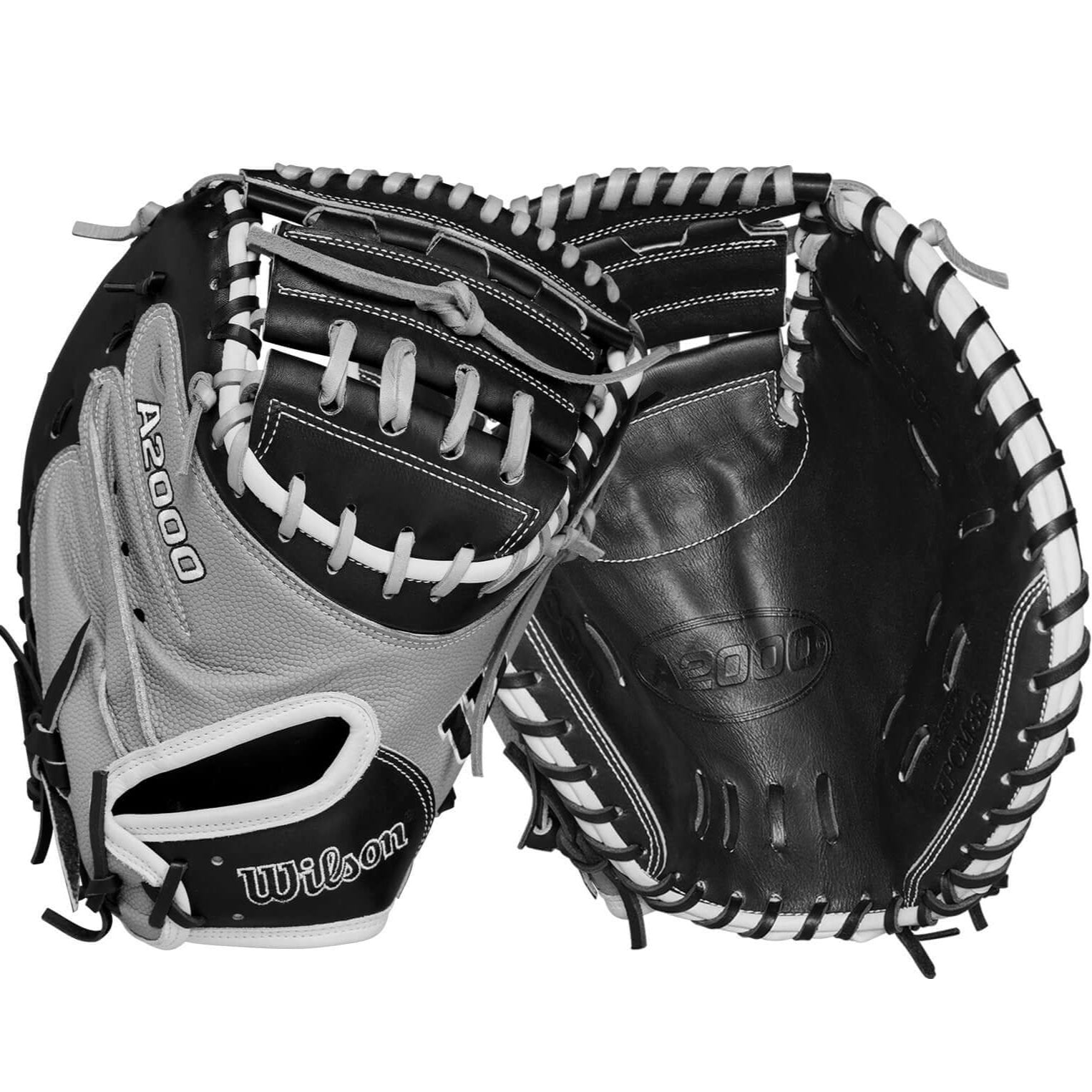 Wilson A2000 FPCM34SS Catcher's Mitt in black and grey, featuring extended palm and Horizontal Hinge Web design.