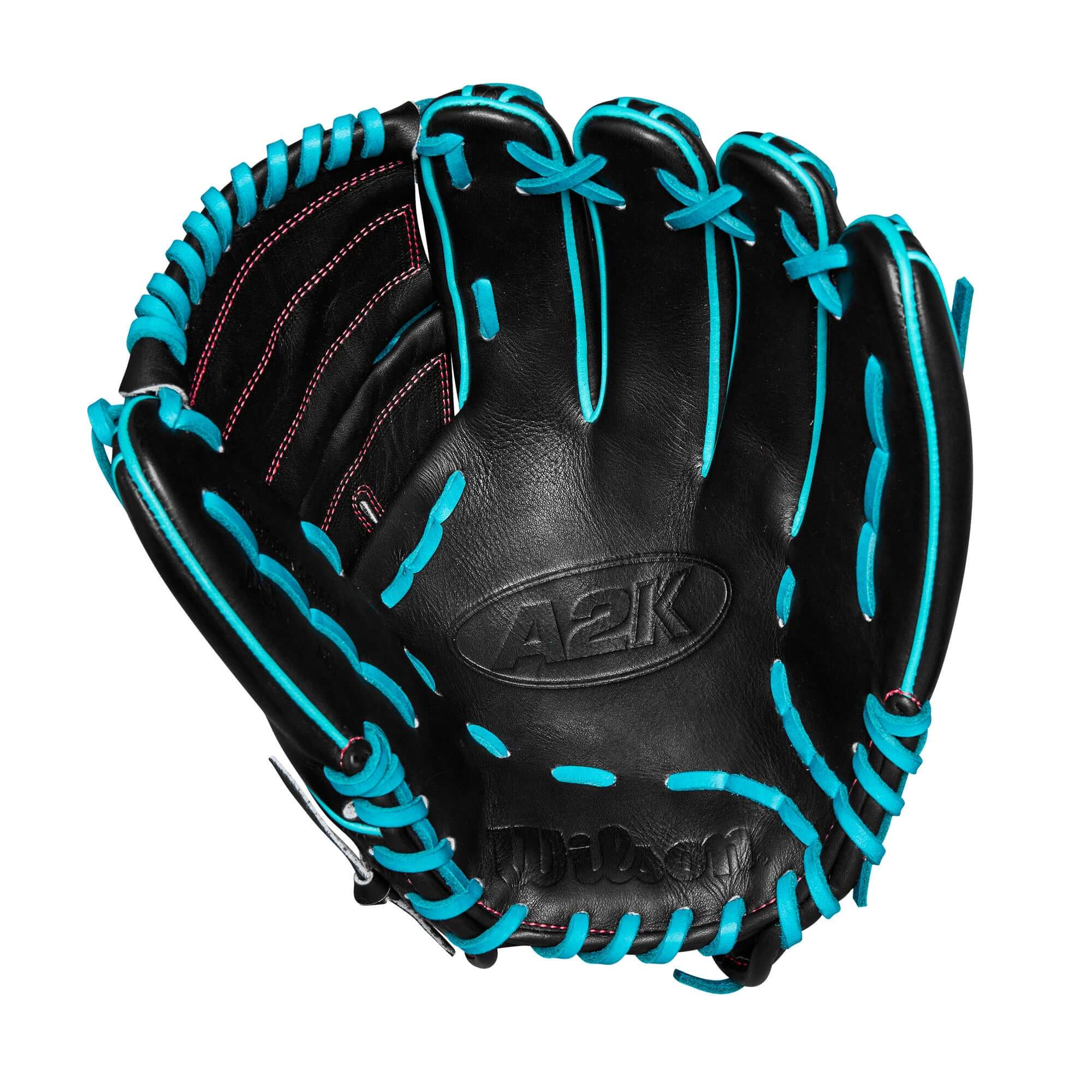 Wilson A2000 A2K B2 pitcher's glove in black and teal, featuring a closed 2-piece web and Pro Stock leather.