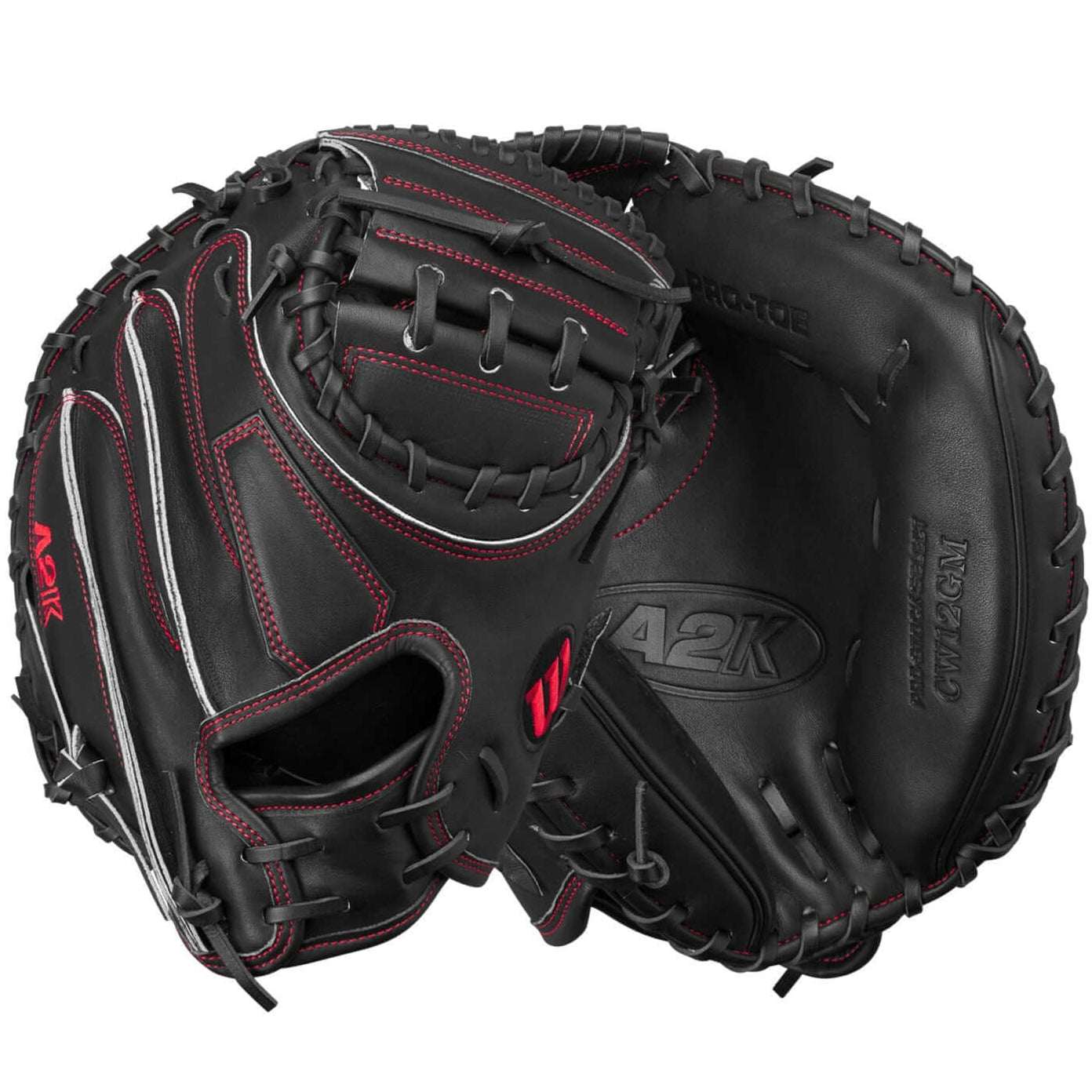 Wilson A2K CW12 33.5" Game Model catcher’s mitt in black, designed for total control and optimal pitch framing.