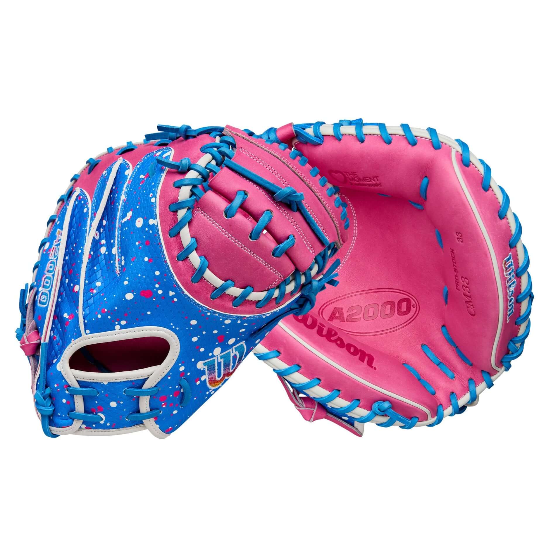 Wilson 2025 A2000 CM33SS catcher’s mitt in Flamingo Pink and Autism Speaks Blue with splatter paint design.
