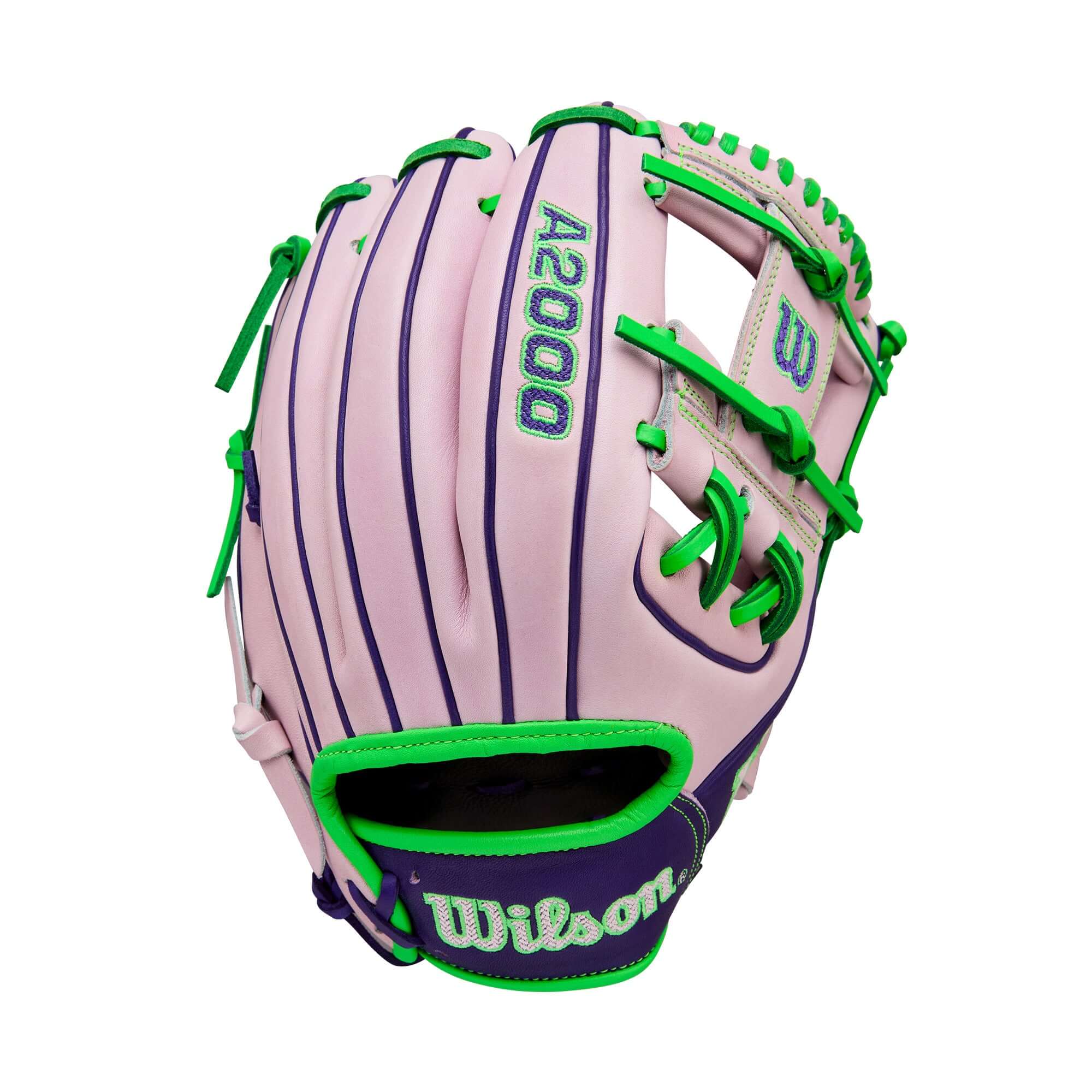 Wilson 2025 A2000 1786 11.5” Infield Glove back view with bold purple Pro Stock leather and woven logos.