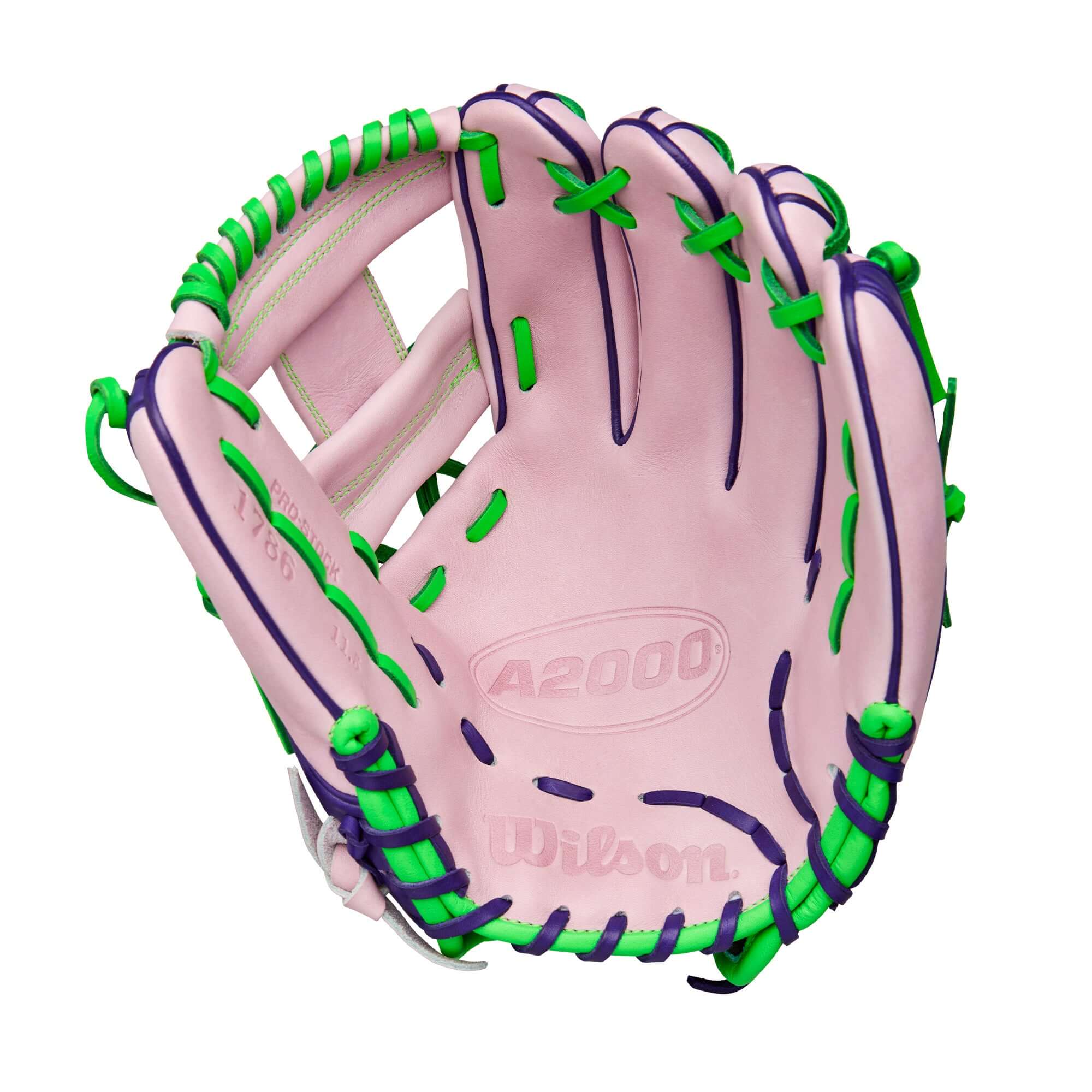 Wilson 2025 A2000 1786 11.5” Infield Glove palm view with Lavender Pro Stock leather construction.
