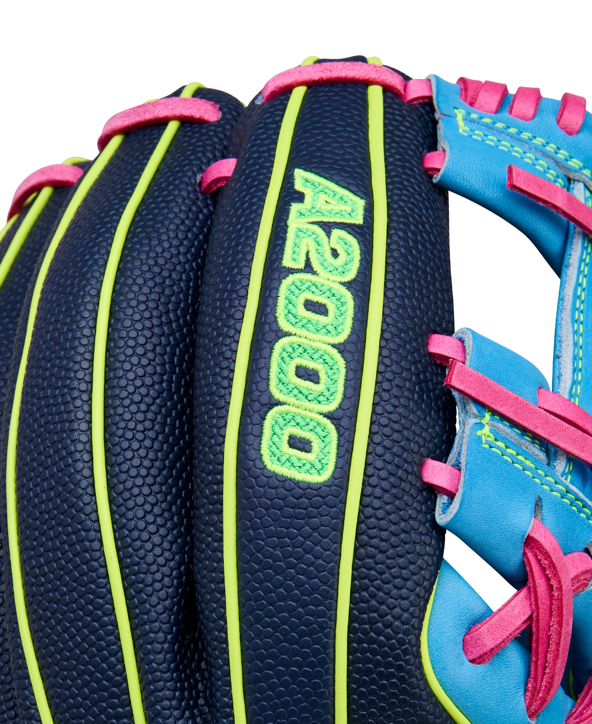 A2000 logo view on Wilson Winter 2025 A2000 1786SS 11.5” Infield Baseball Glove finger panel with Optic Yellow & Pink accents.