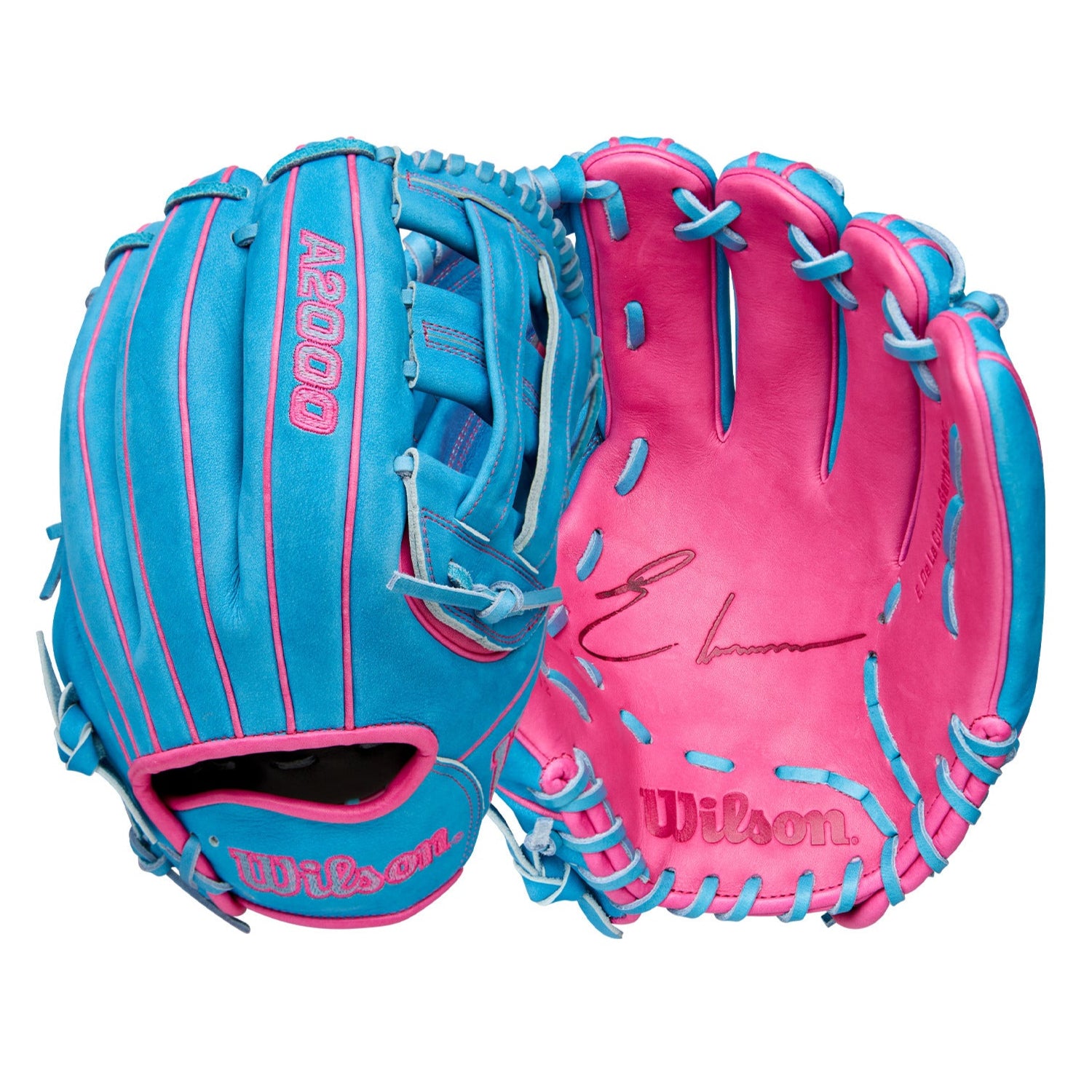 Wilson 2025 Elly De La Cruz A2000 EDLC44 GM 12” glove front and back view with Buffed Sky Blue and Flamingo Pink leather.