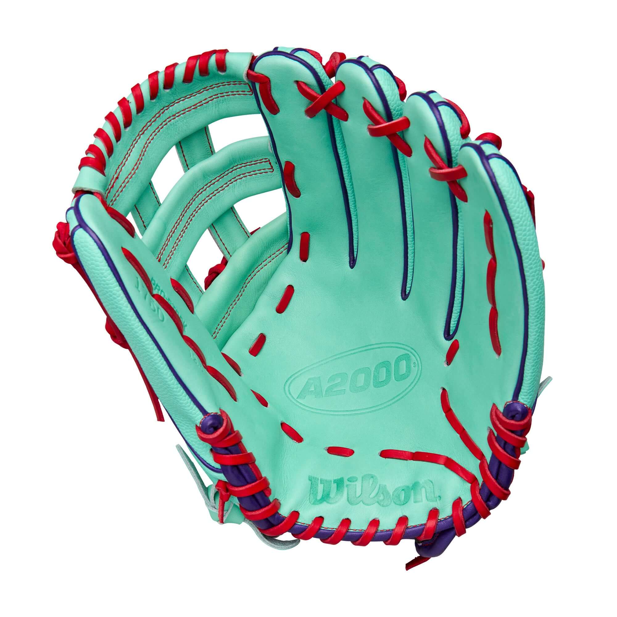 Wilson 2025 A2000 1750SS 12.5” Outfield Glove palm view with Pro Stock leather and shallow heel.