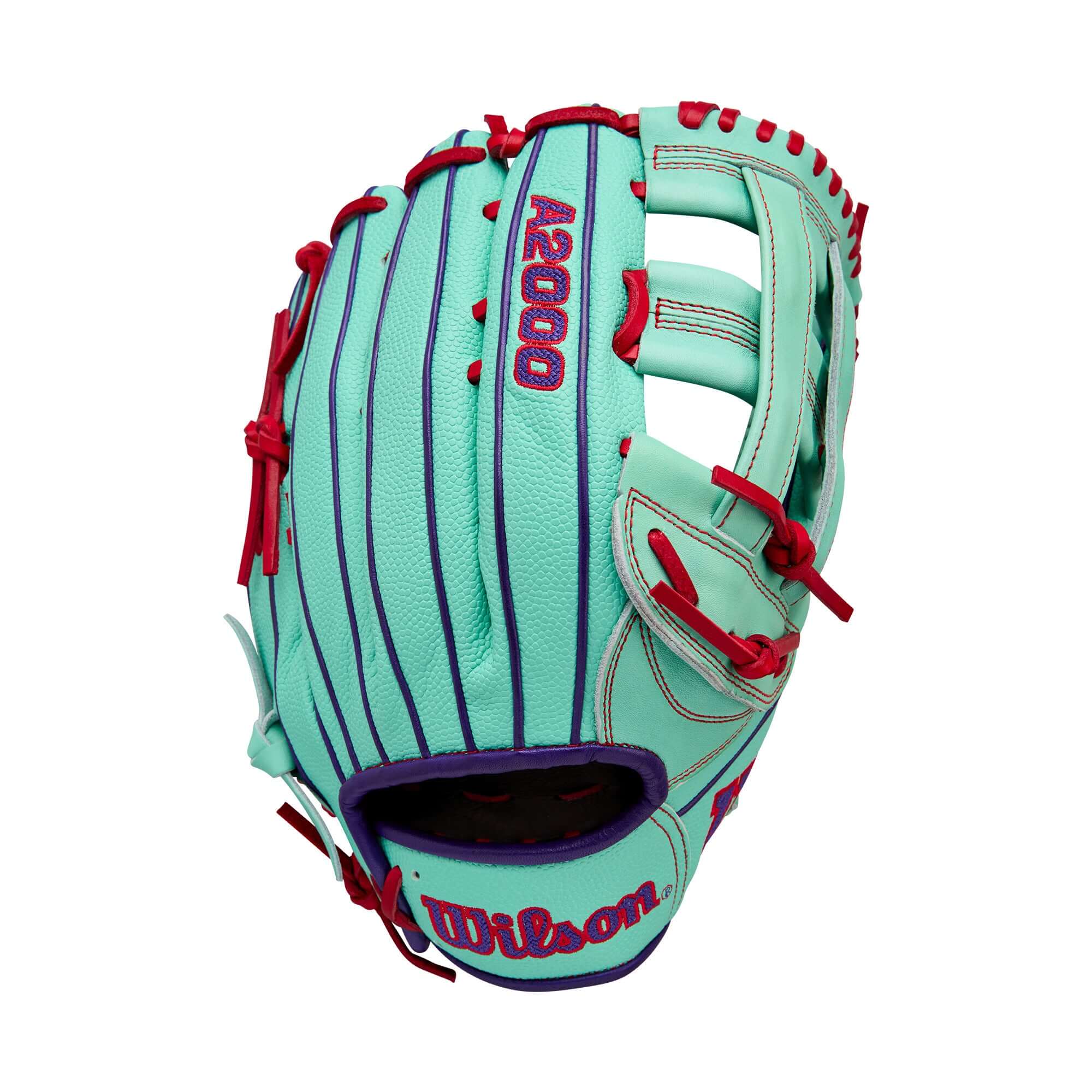 Wilson A2000 1750SS 12.5” Outfield Glove LHT back view featuring Seafoam SuperSkin™.