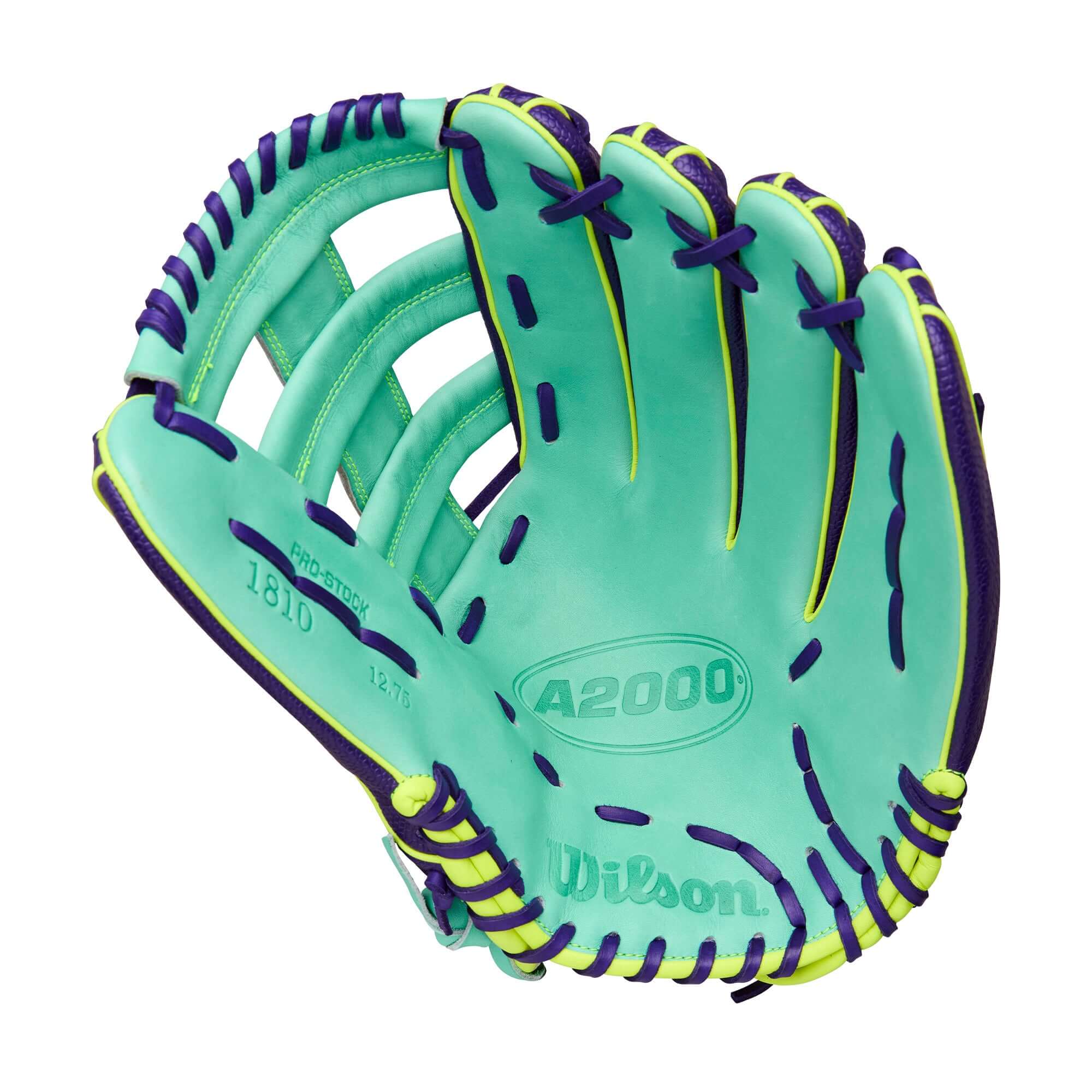 Wilson 2025 A2000 1810SS 12.75” Outfield Glove palm view highlighting Seafoam Pro Stock® leather durability.