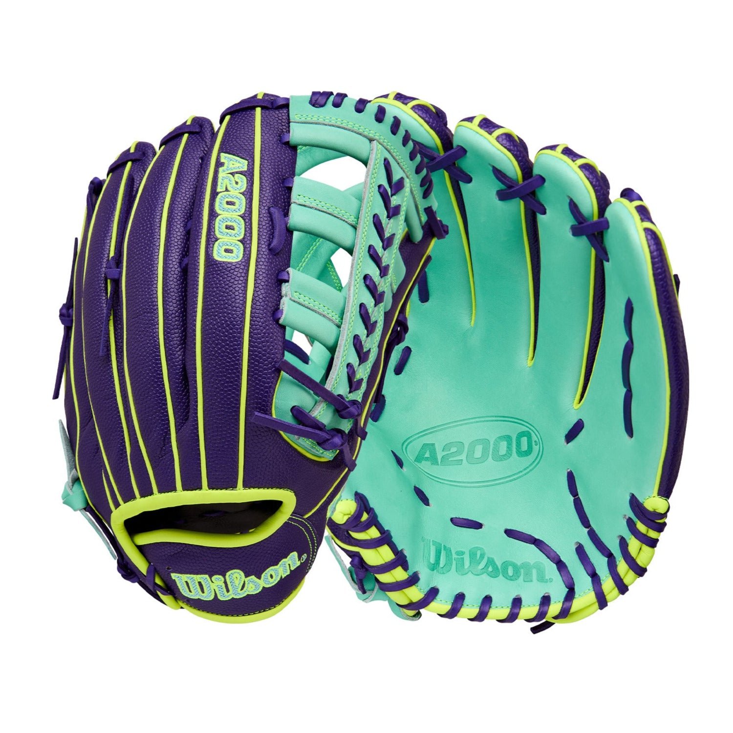 Wilson 2025 A2000 1810SS 12.75” Outfield Glove front and back with Purple SuperSkin™ and Seafoam Pro Stock® leather.