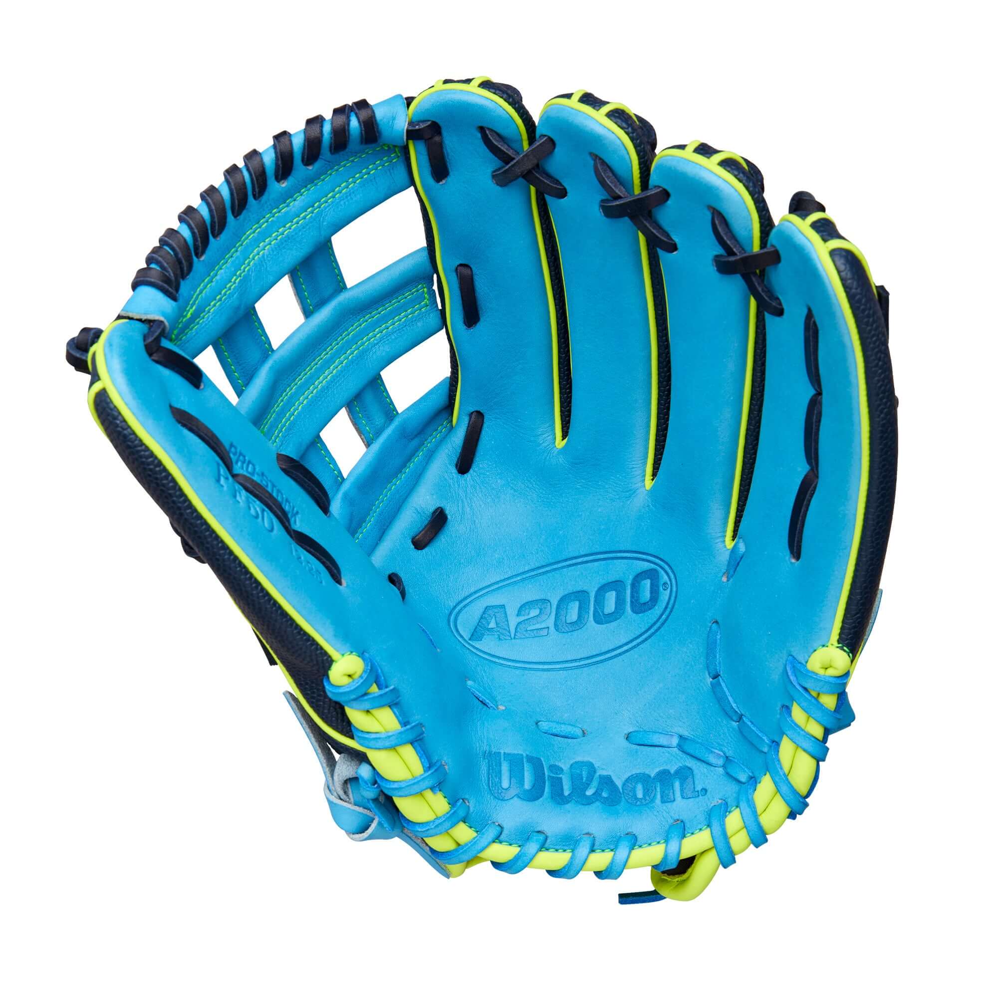 Wilson 2025 A2000 PF50SS 12.25” Outfield Glove palm view with durable Sky Blue Pro Stock leather.