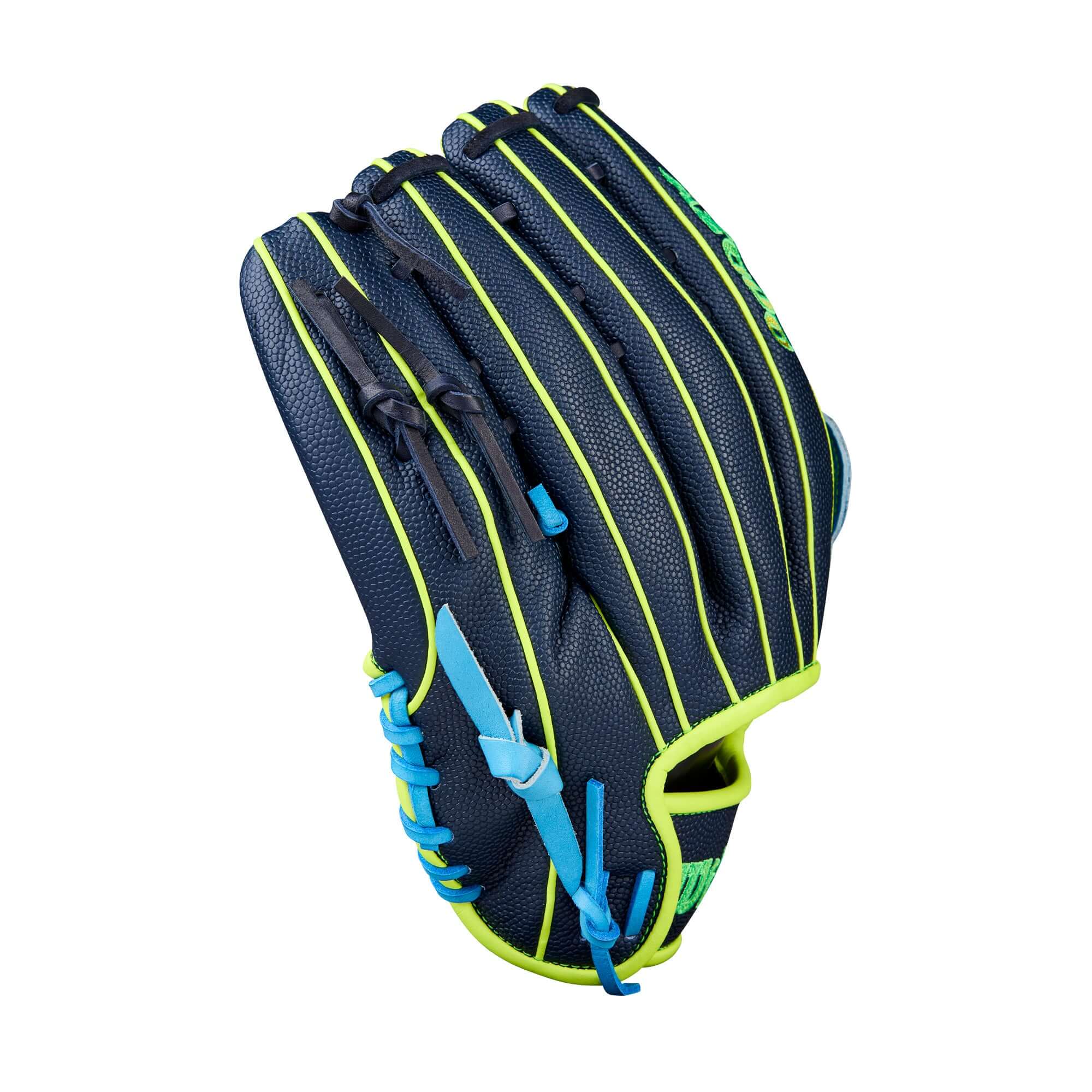 Wilson 2025 A2000 PF50SS 12.25” Outfield Glove finger detail showing Pedroia Fit shorter finger stalls.